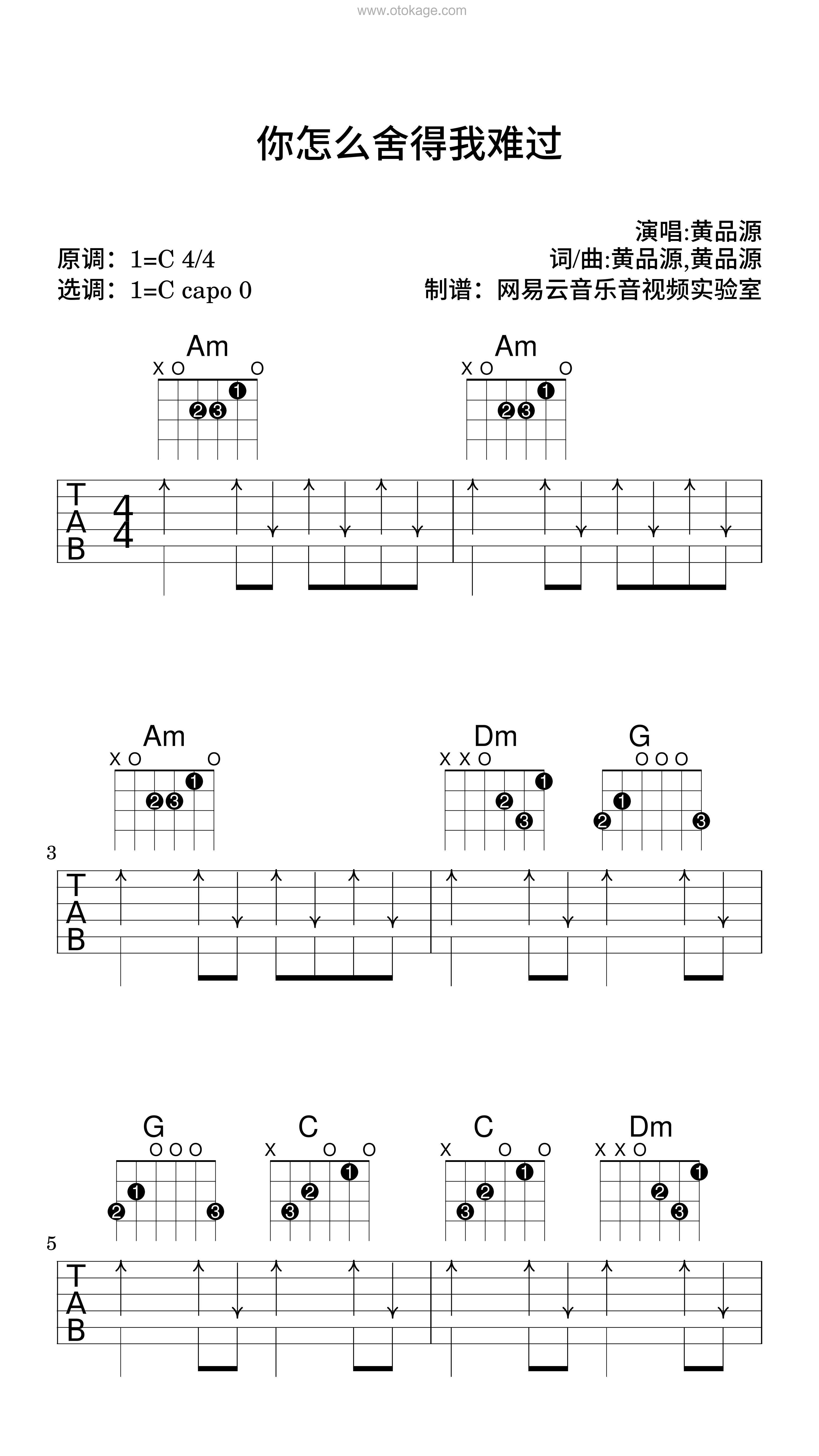 黄品源《你怎么舍得我难过吉他谱》C调_旋律宁静优美