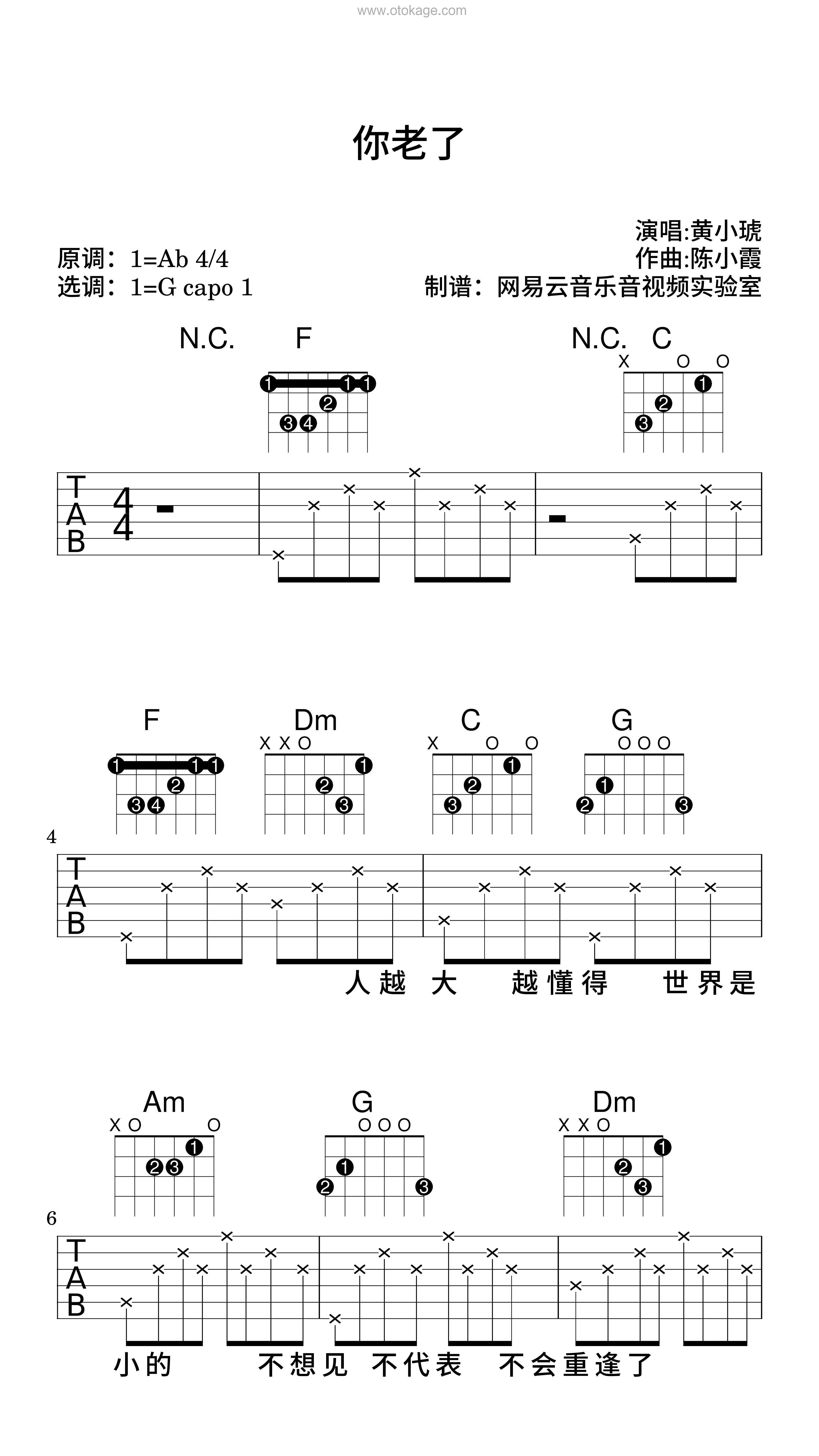 黄小琥《你老了吉他谱》降A调_节奏节节升高