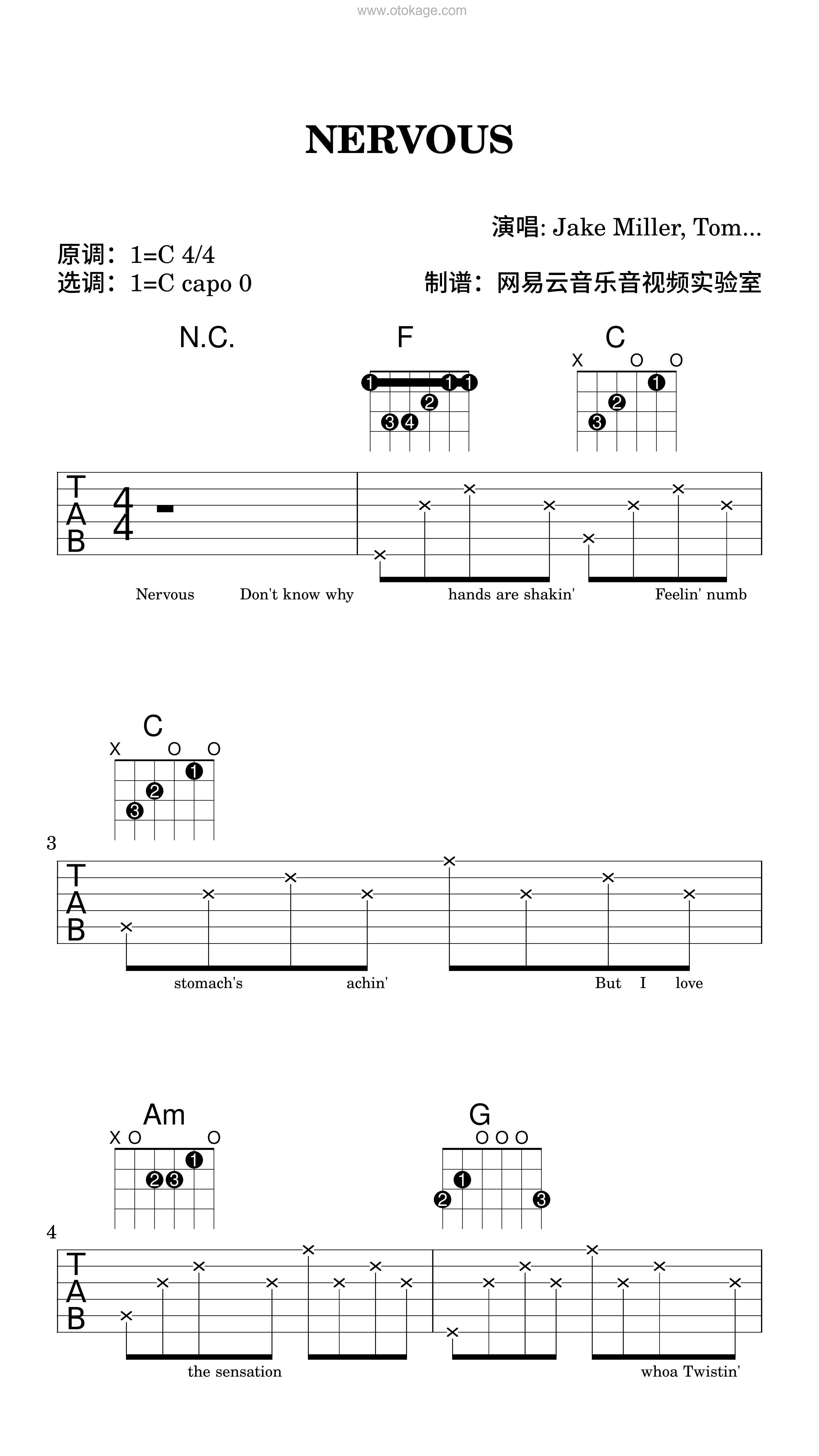 Jake Miller,Tomos《NERVOUS吉他谱》C调_音乐编排细腻