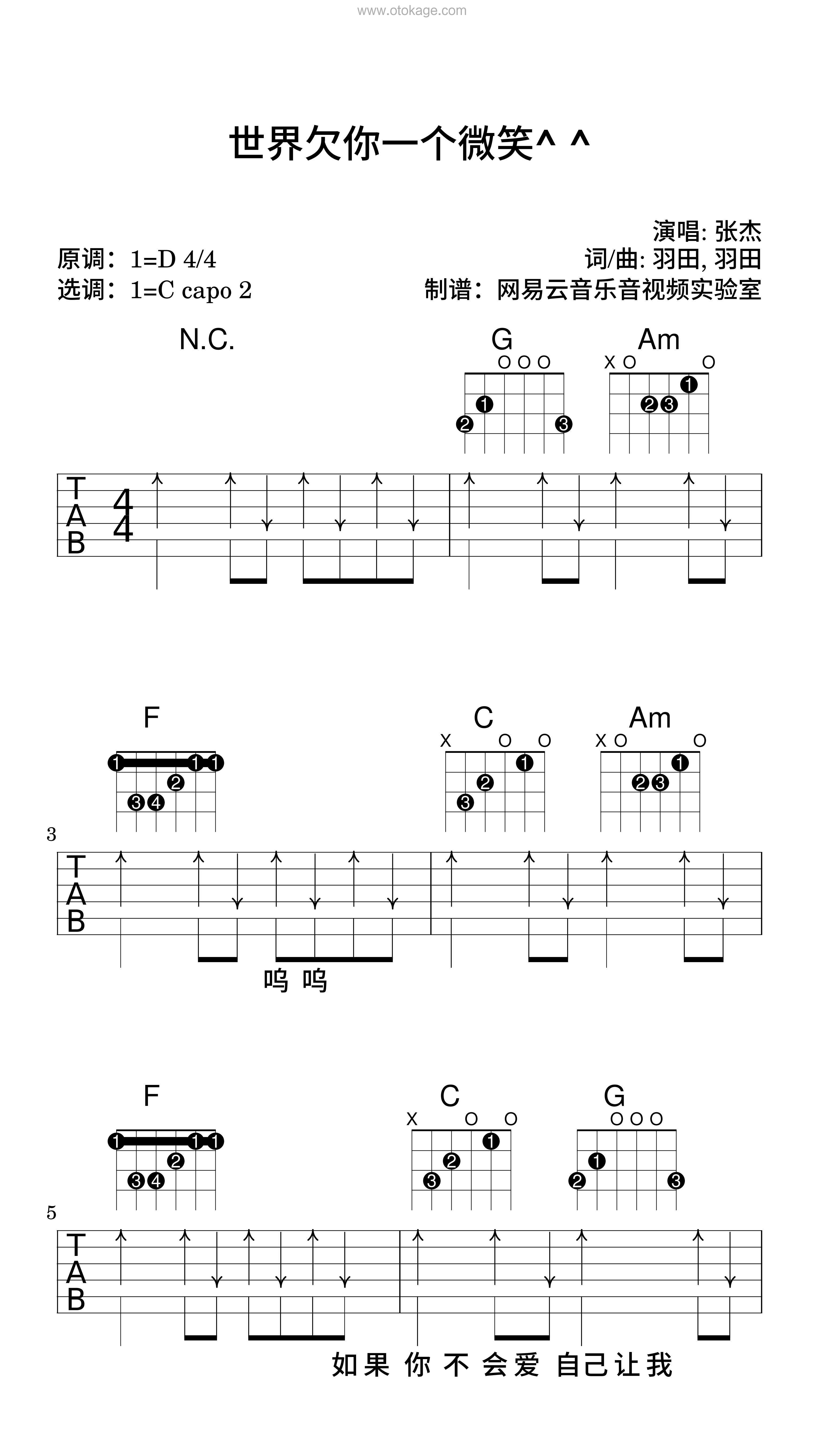 张杰《世界欠你一个微笑^_^吉他谱》D调_感人至深的版本