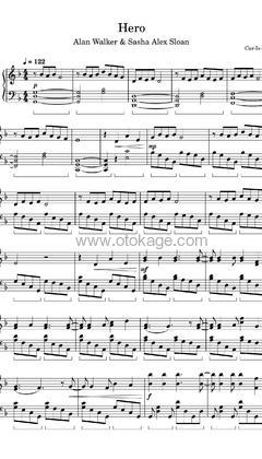 Alan Walker,Sasha Alex Sloan《Hero钢琴谱》F调_旋律简单而动人