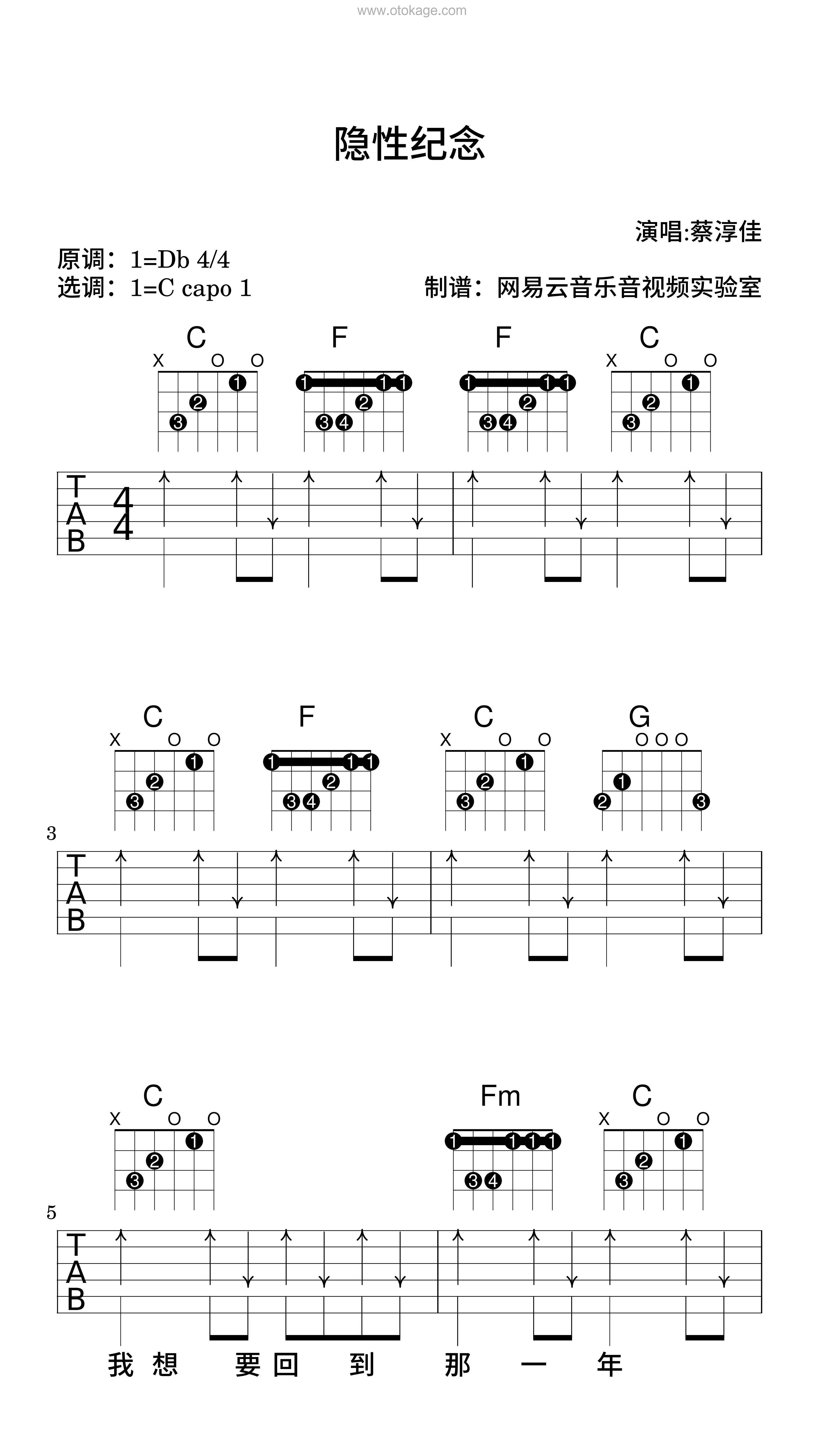 蔡淳佳《隐性纪念吉他谱》降D调_节奏激发情感共鸣