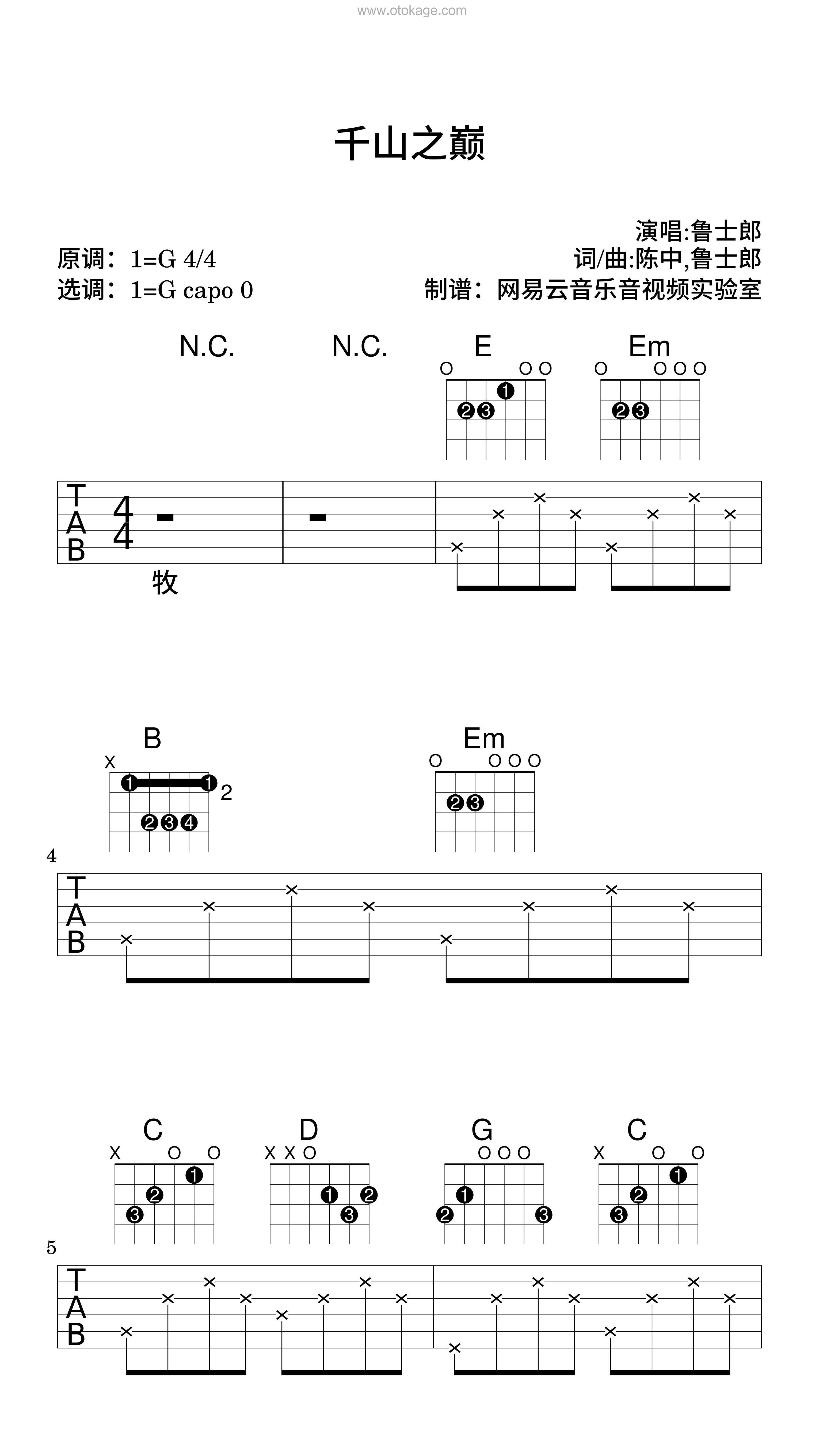 鲁士郎《千山之巅吉他谱》G调_完美平衡的音调