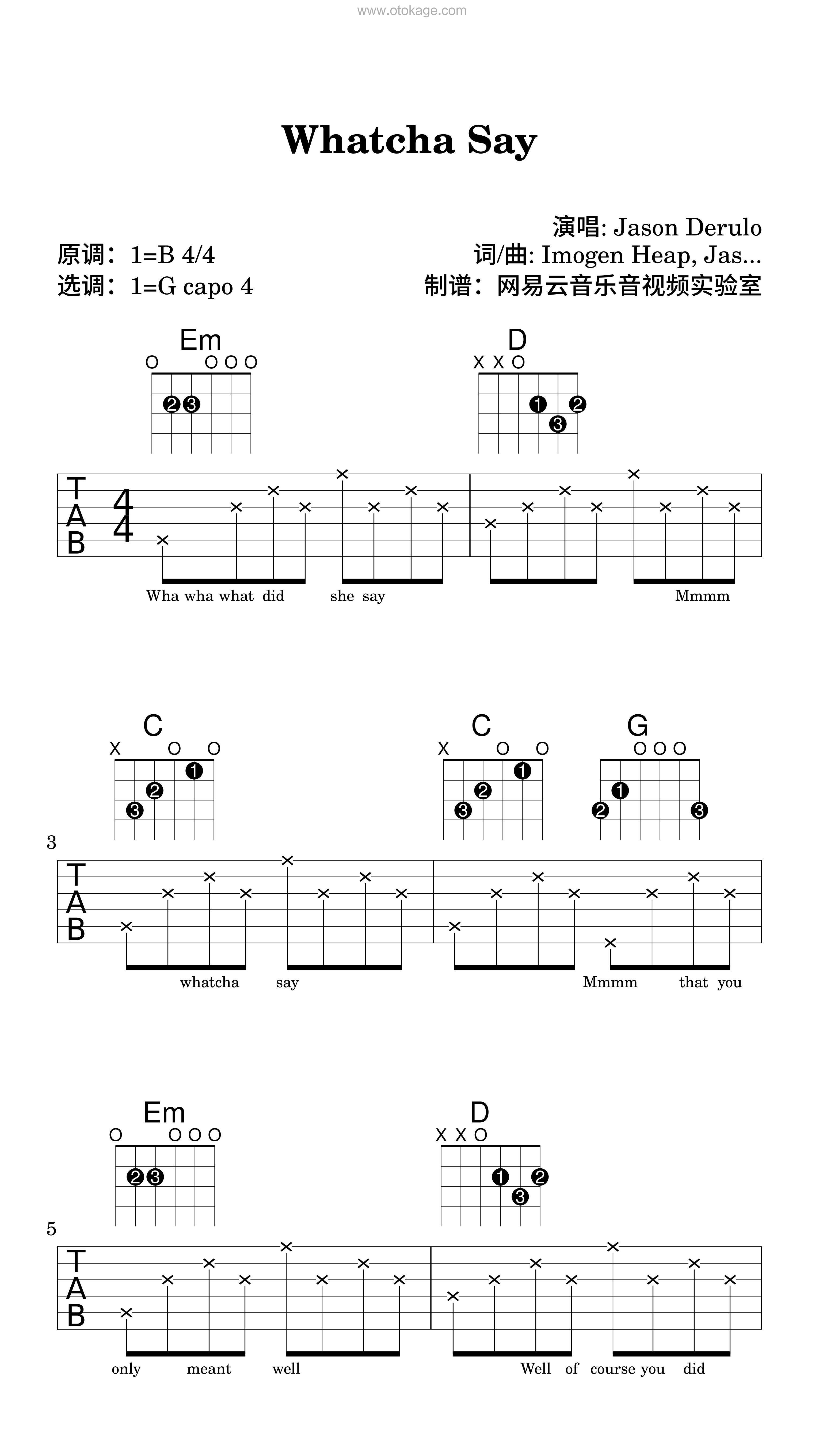 Jason Derulo《Whatcha Say吉他谱》B调_编曲充满温情