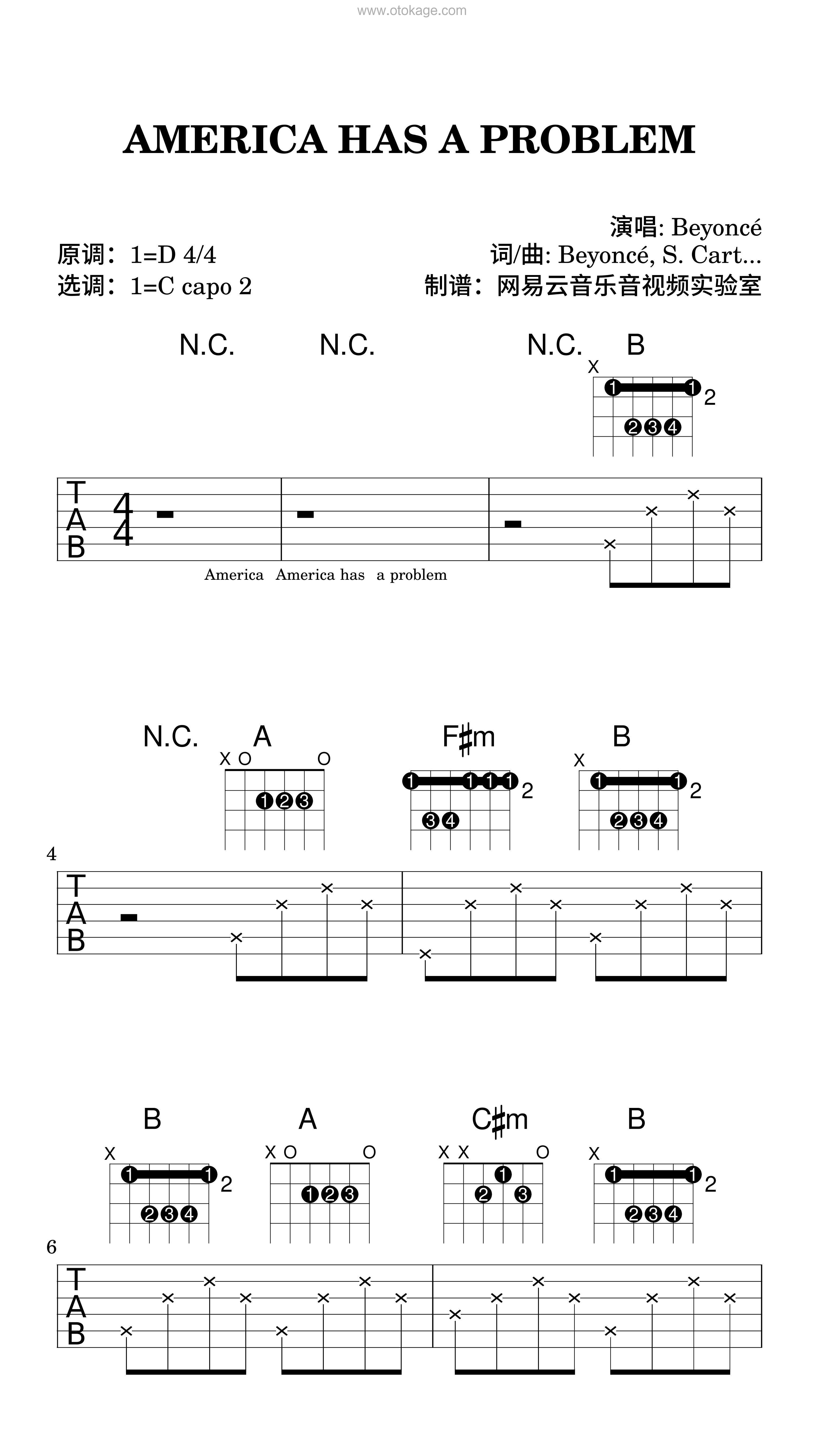 Beyoncé《AMERICA HAS A PROBLEM吉他谱》D调_节奏舒缓而温柔