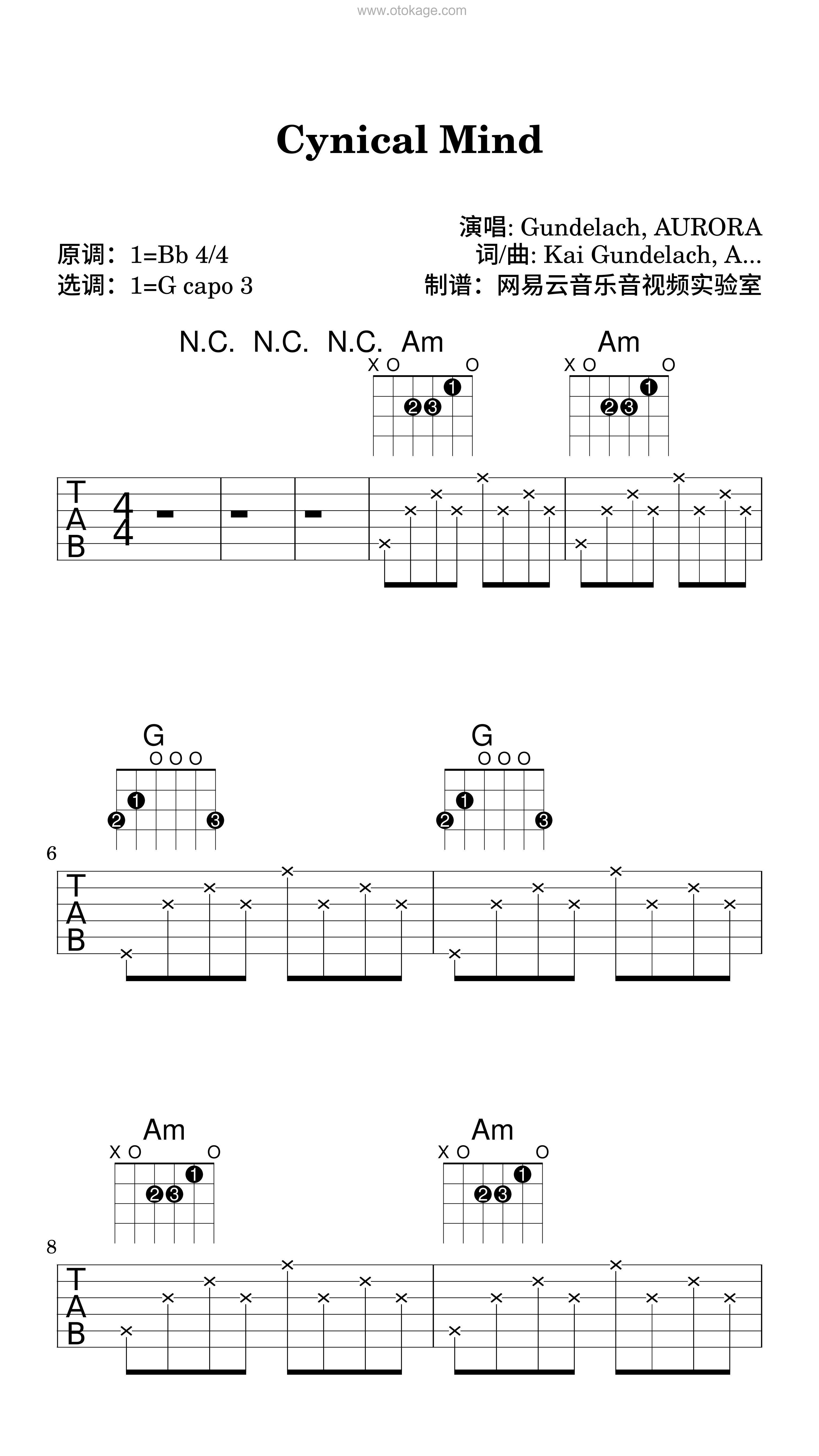 Gundelach,AURORA《Cynical Mind吉他谱》降B调_音符和谐动听