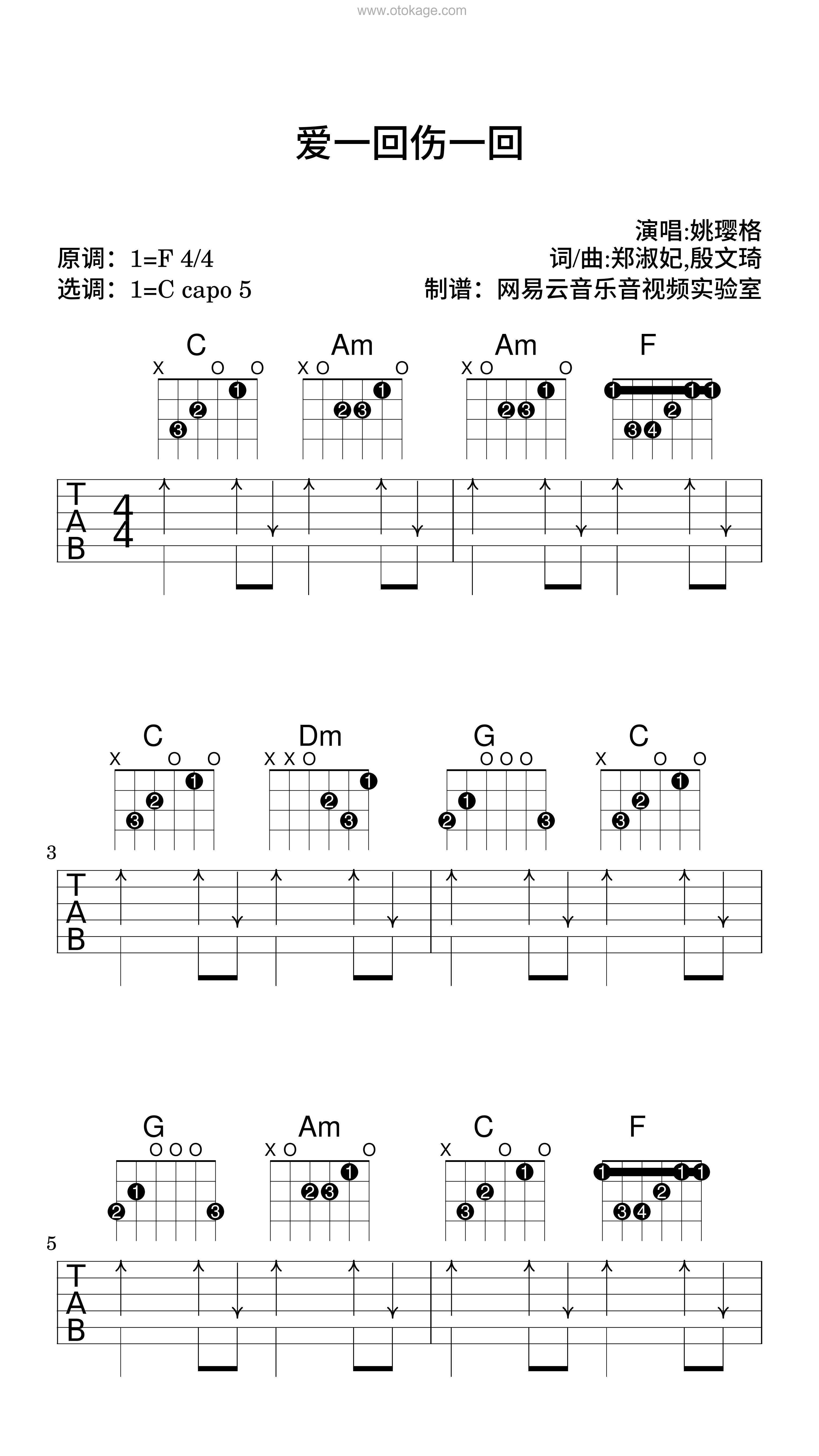 姚璎格《爱一回伤一回吉他谱》F调_音乐编排细腻