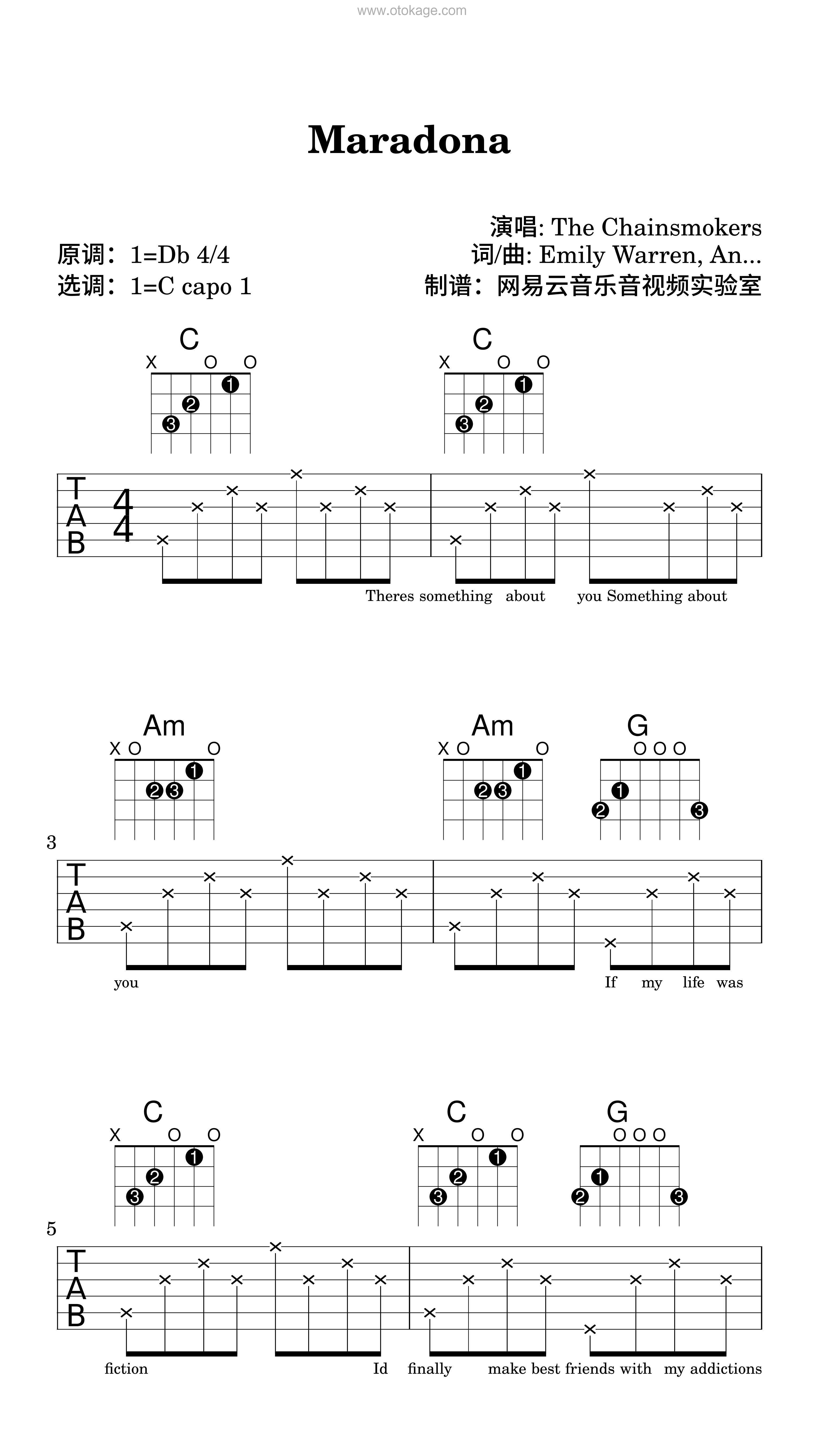 The Chainsmokers《Maradona吉他谱》降D调_编配非常用心