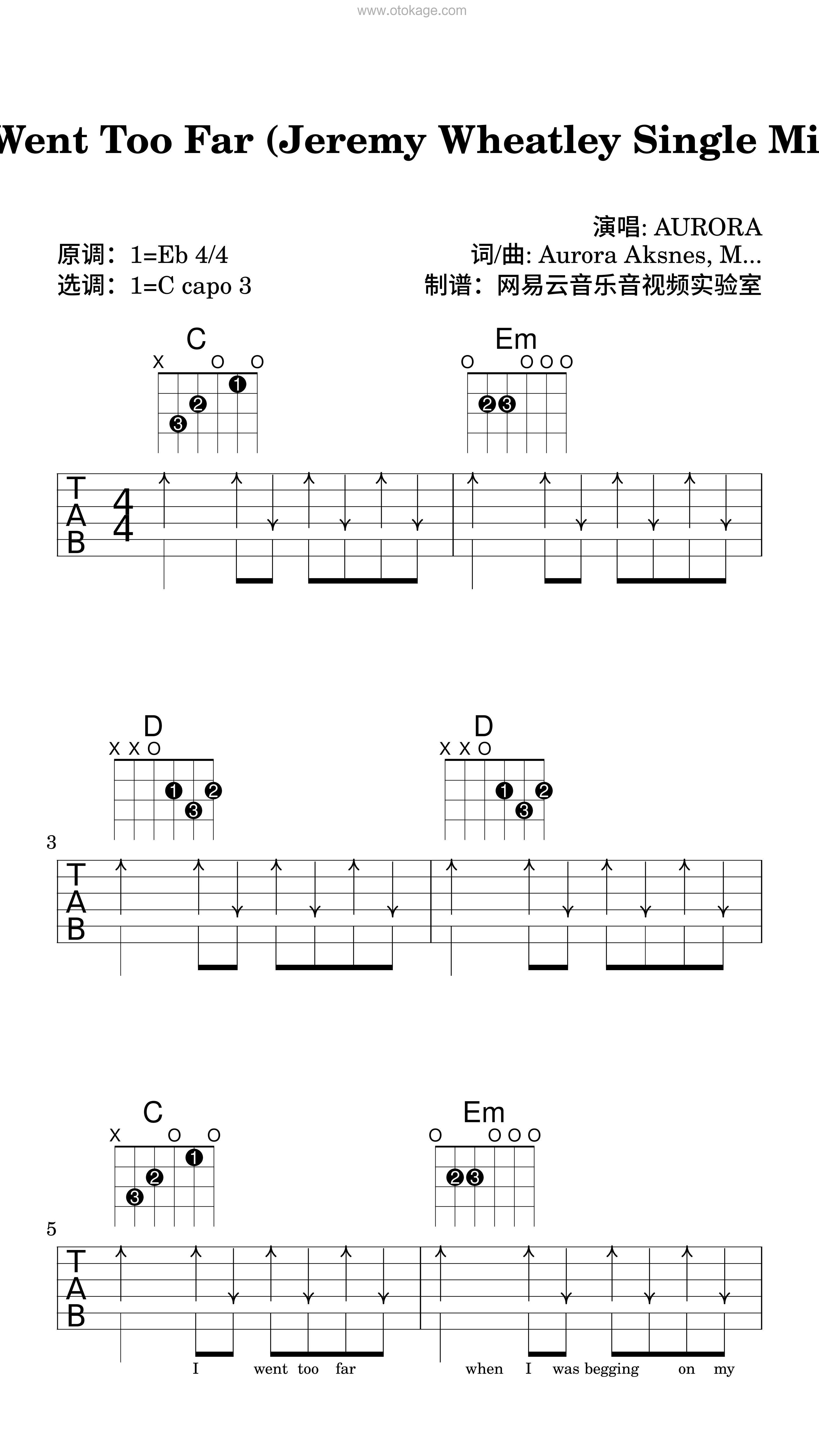 AURORA《I Went Too Far (Jeremy Wheatley Single Mix)吉他谱》降E调_旋律深刻动人