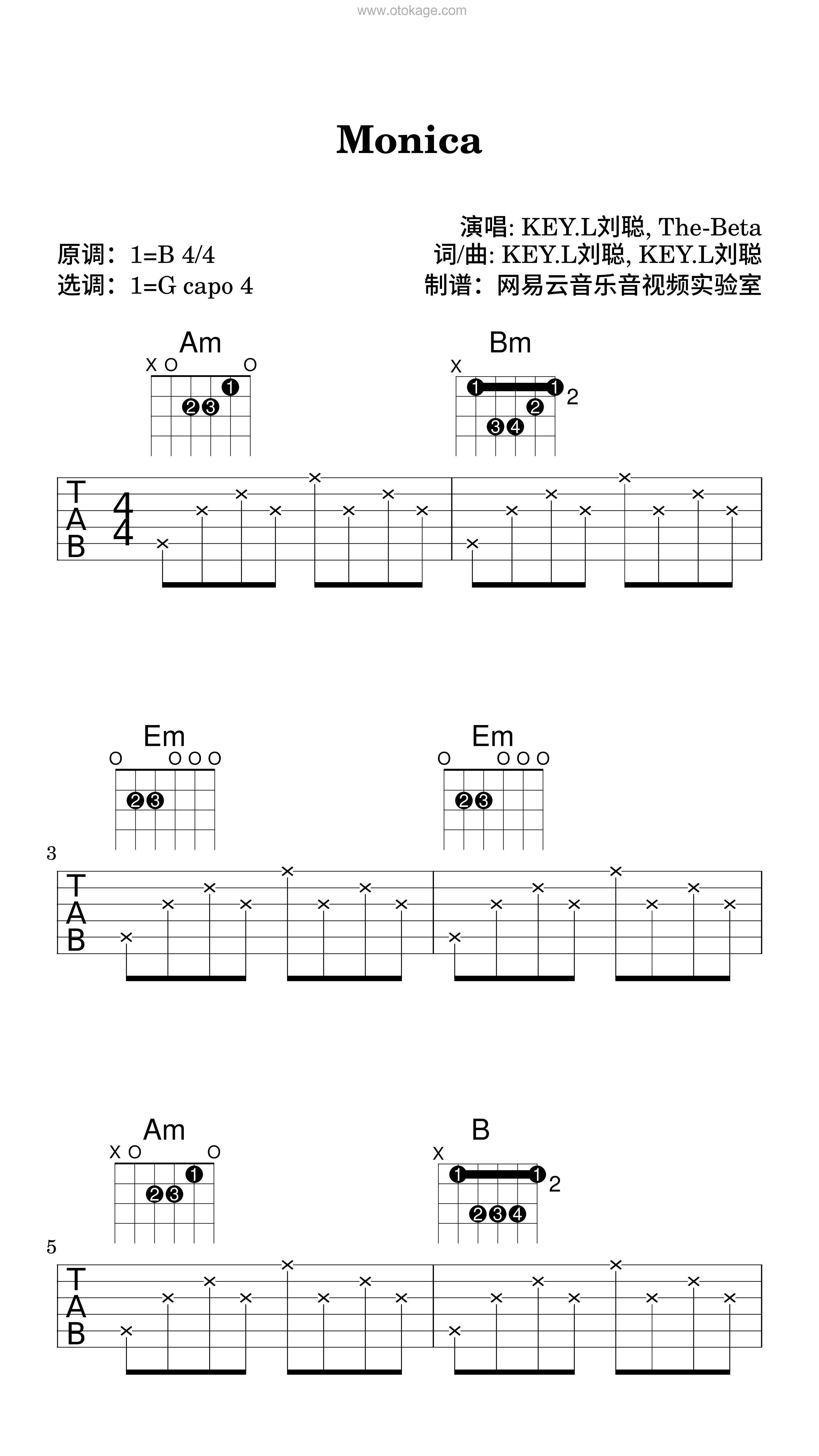 KEY.L刘聪,The-Beta《Monica吉他谱》B调_编配别具一格