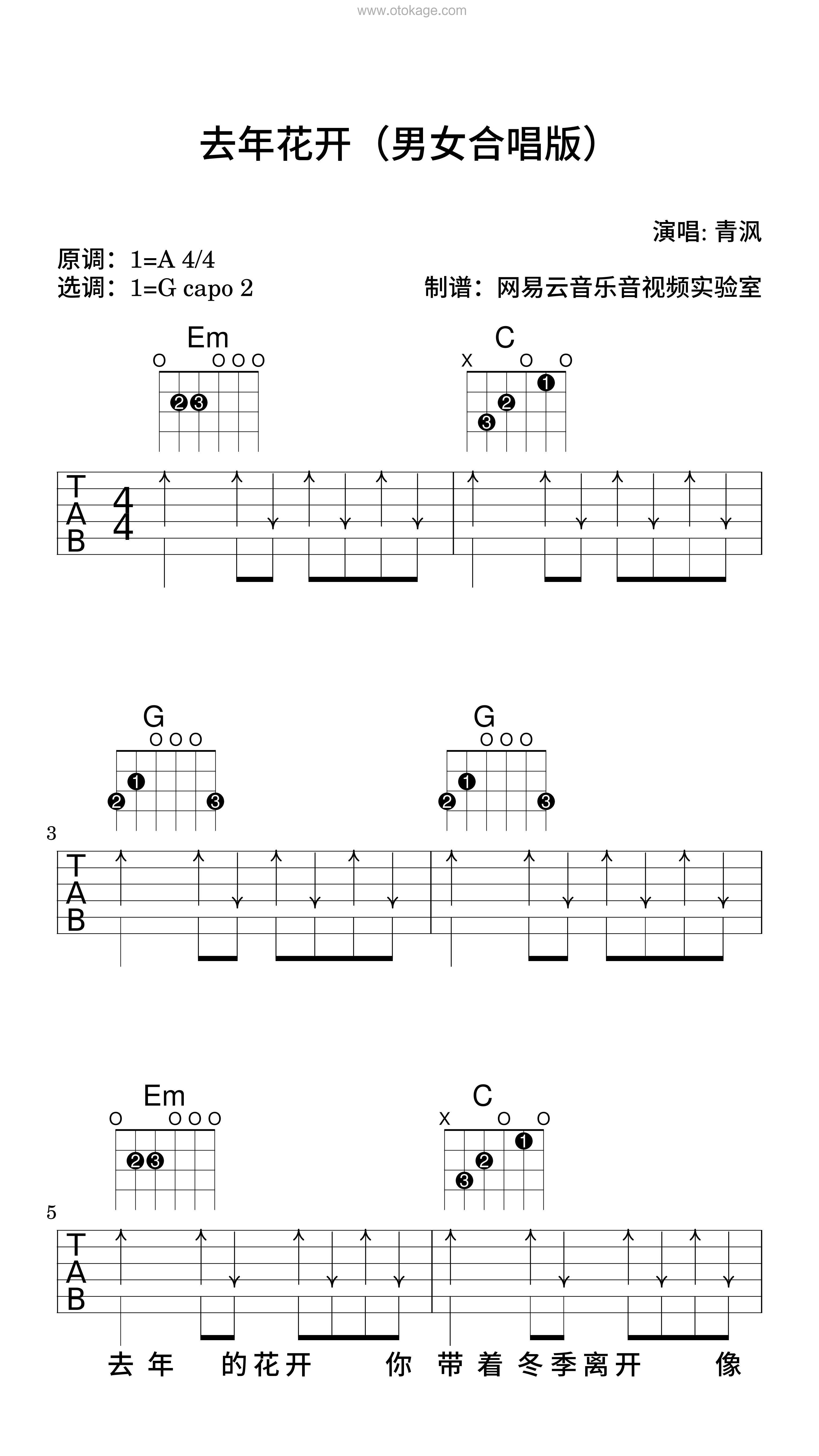 青沨《去年花开（男女合唱版）吉他谱》A调_节奏舒缓而温柔