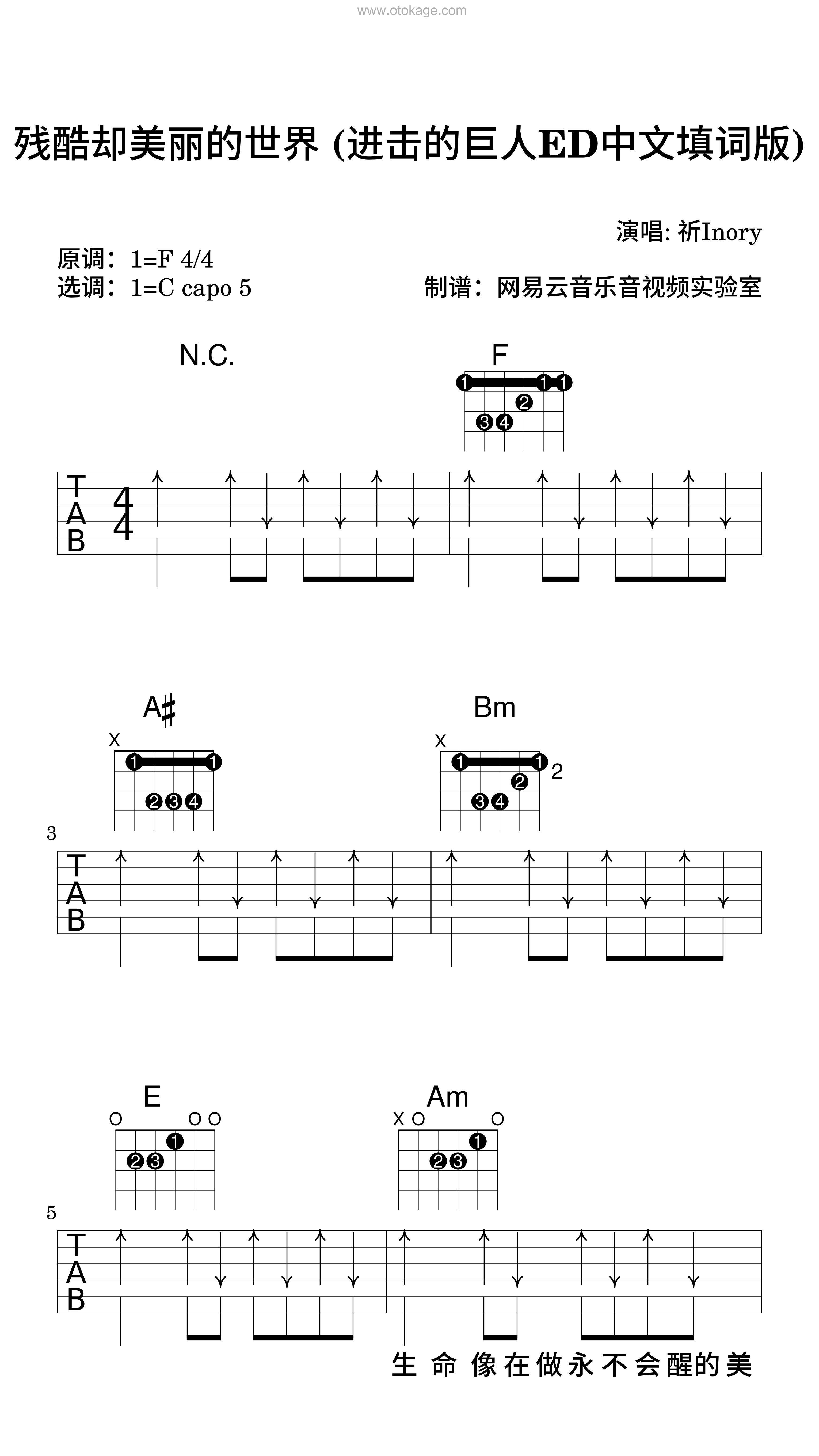 祈Inory《残酷却美丽的世界 (进击的巨人ED中文填词版)吉他谱》F调_完美旋律设计