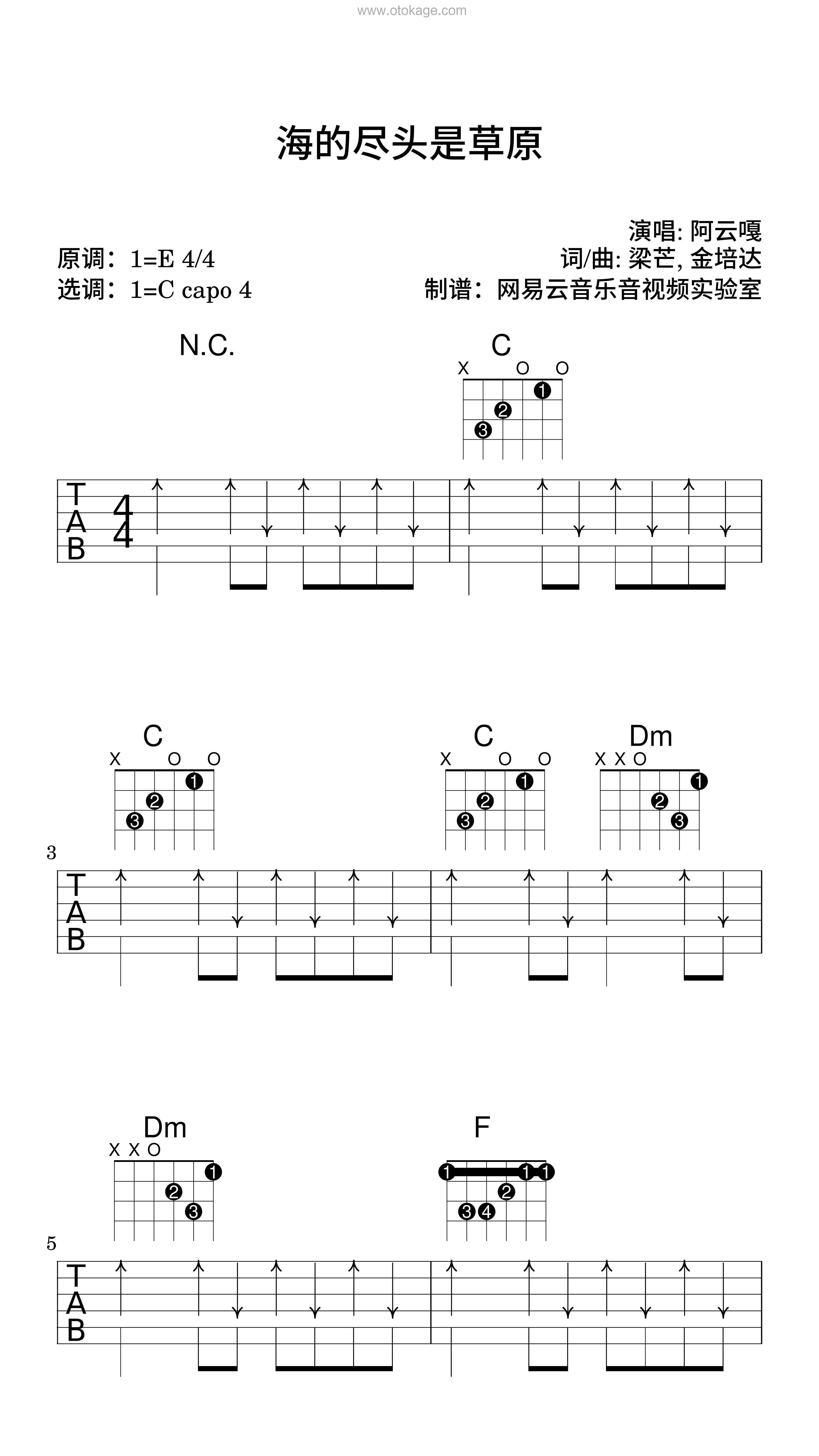 阿云嘎《海的尽头是草原吉他谱》E调_旋律如诗如画