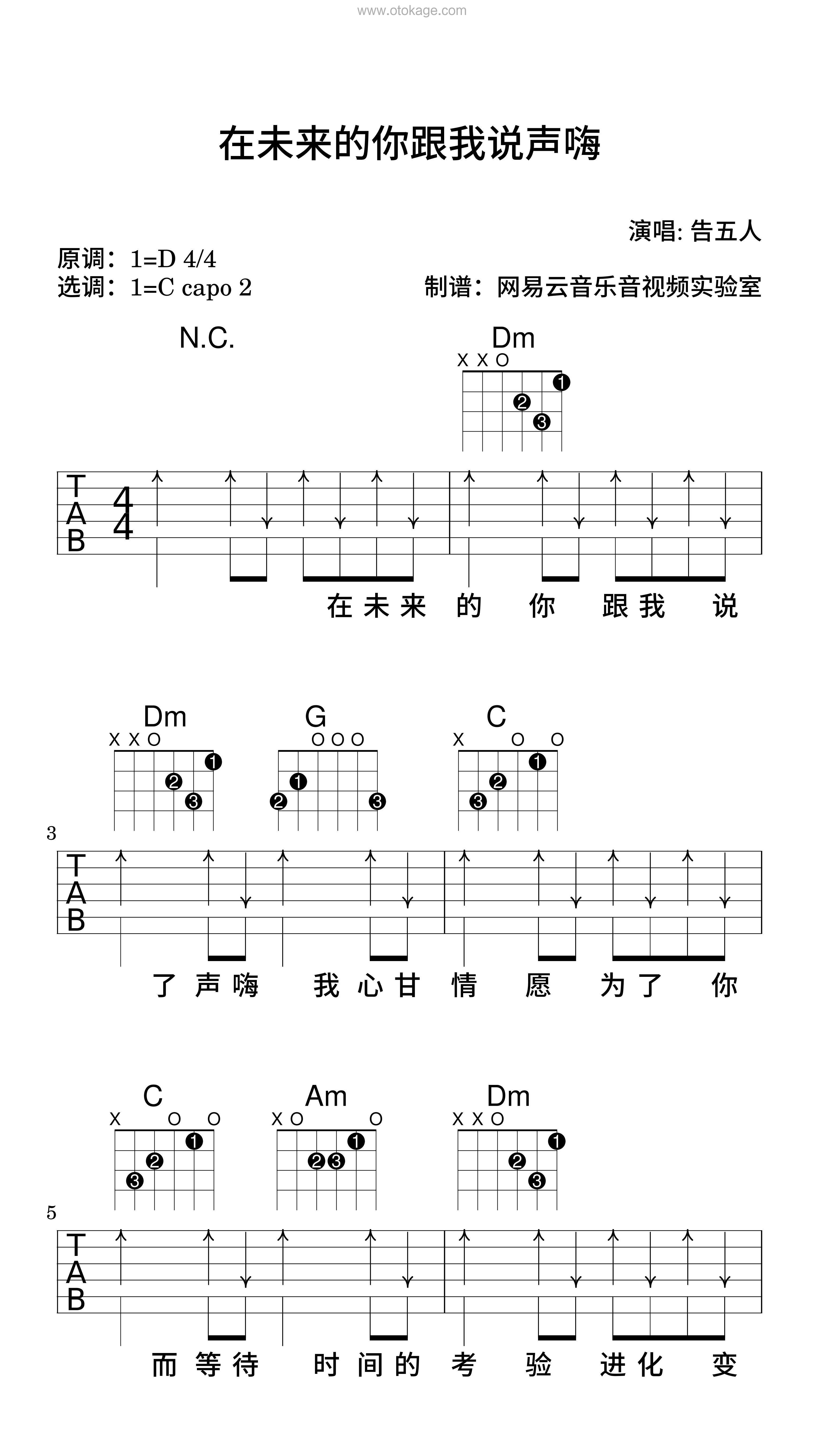 告五人《在未来的你跟我说声嗨吉他谱》D调_音色纯净通透