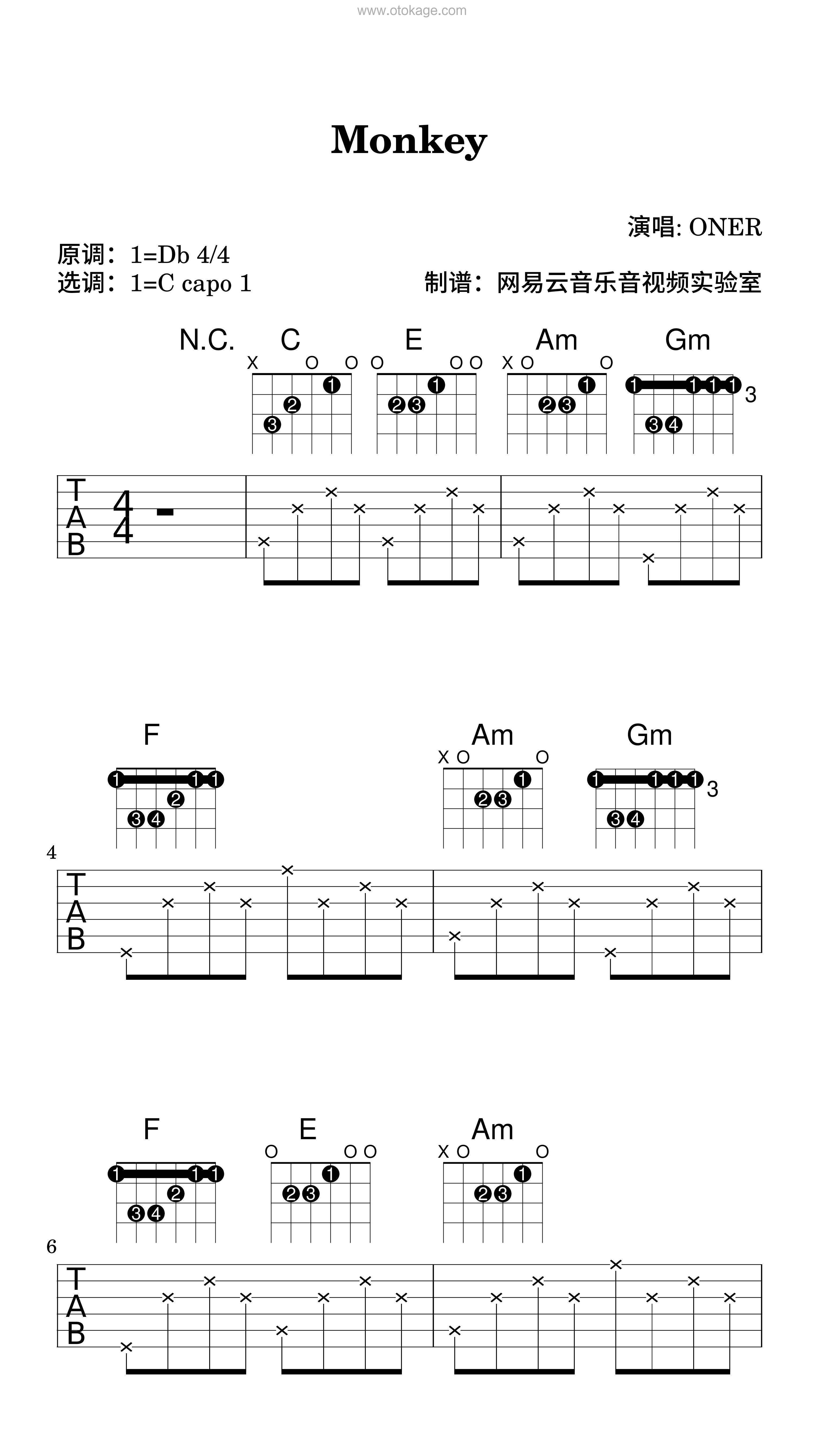 ONER《Monkey吉他谱》降D调_编配别具一格