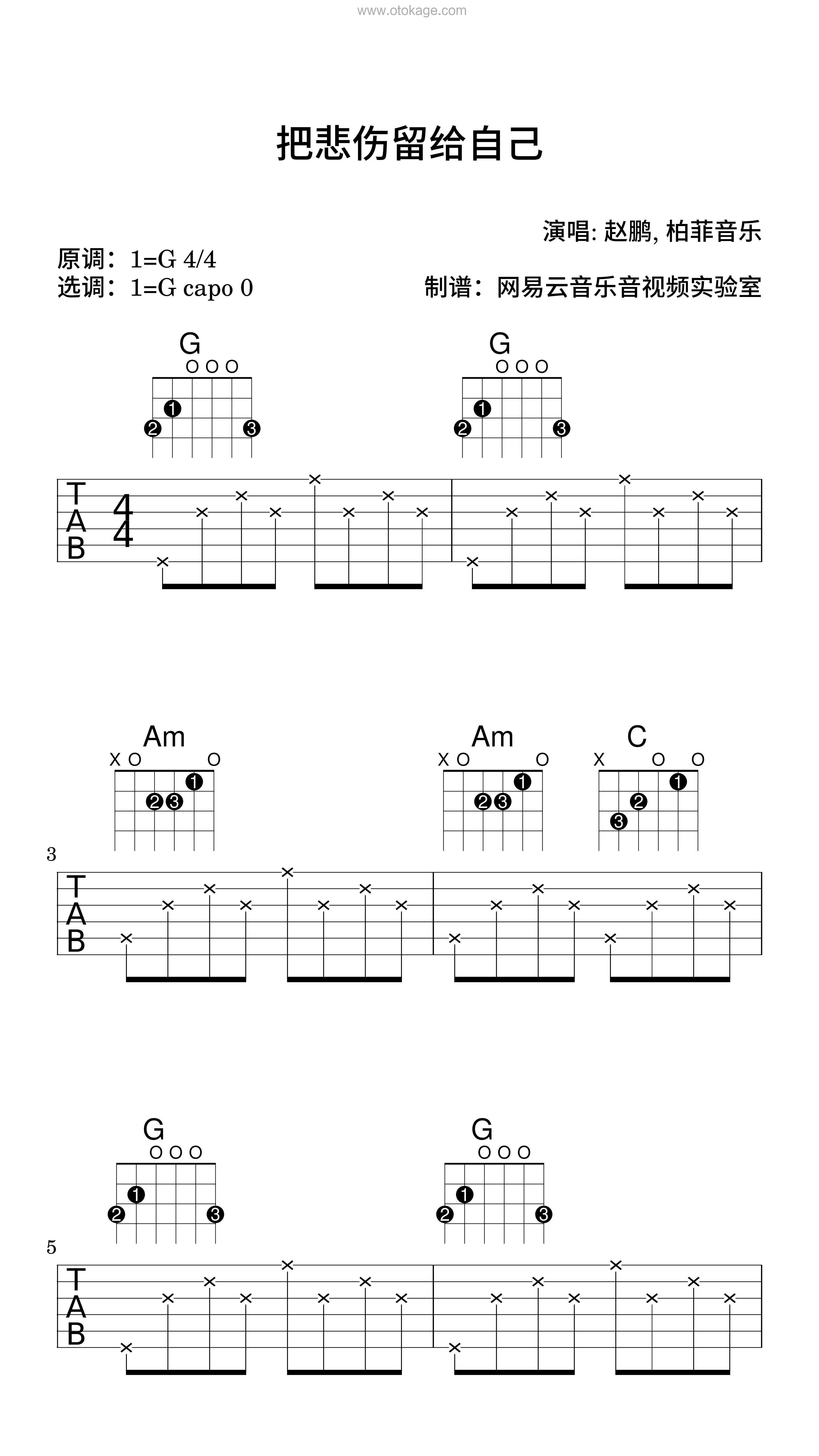 赵鹏,柏菲音乐《把悲伤留给自己吉他谱》G调_充满诗意的编配