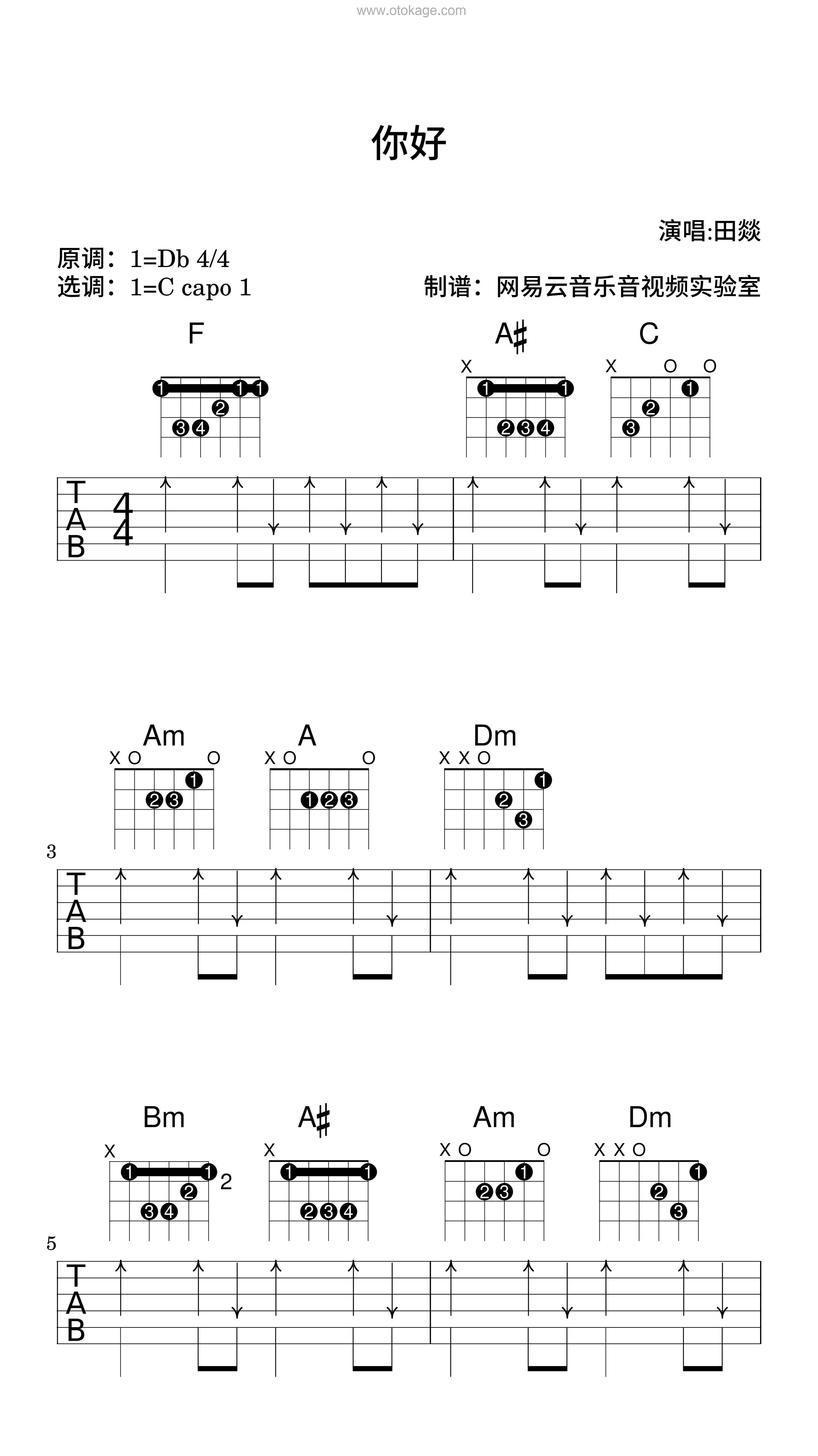田燚《你好吉他谱》降D调_音符带着感情跳动