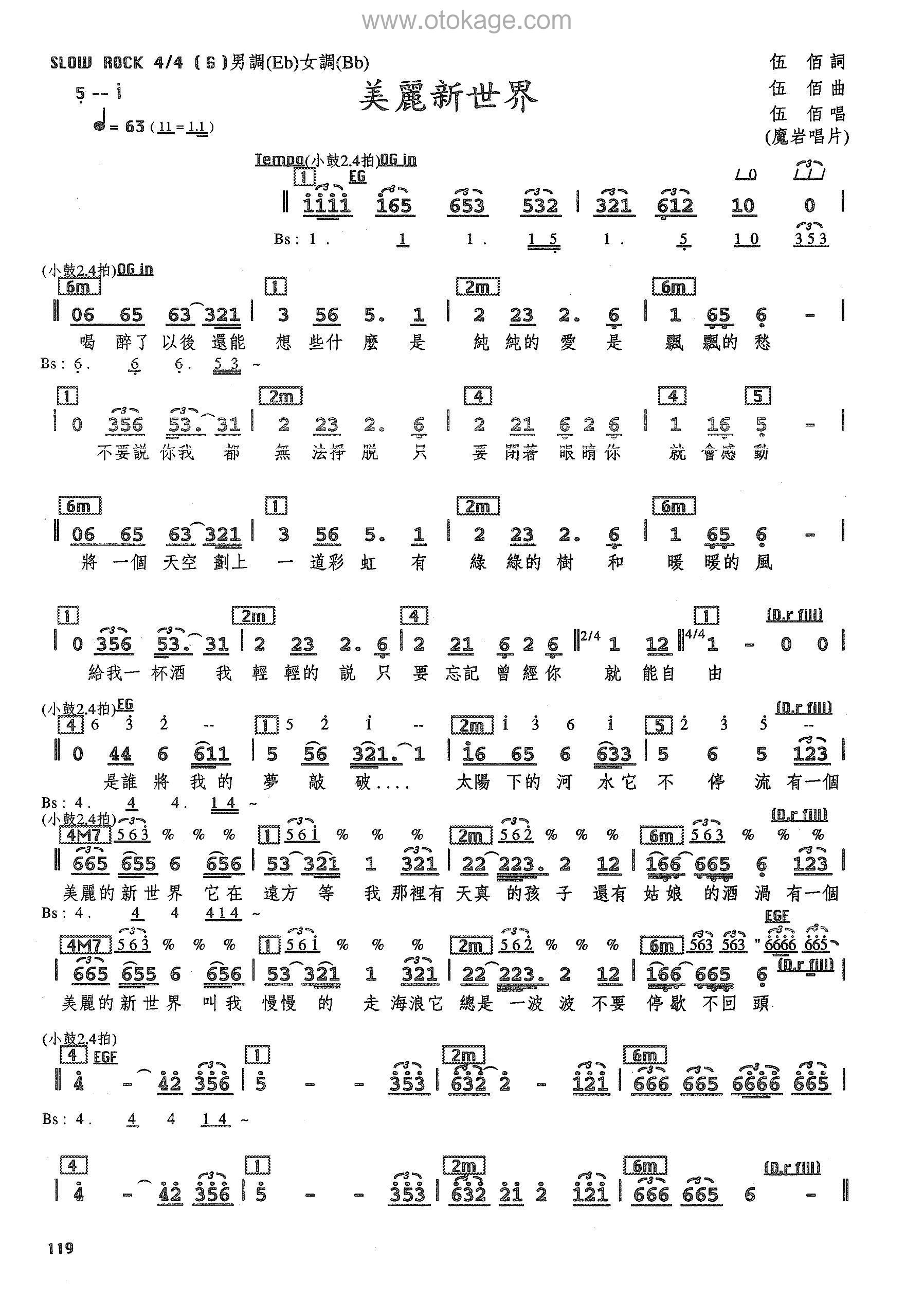 伍佰《美丽新世界人声谱》G调_完美契合情感