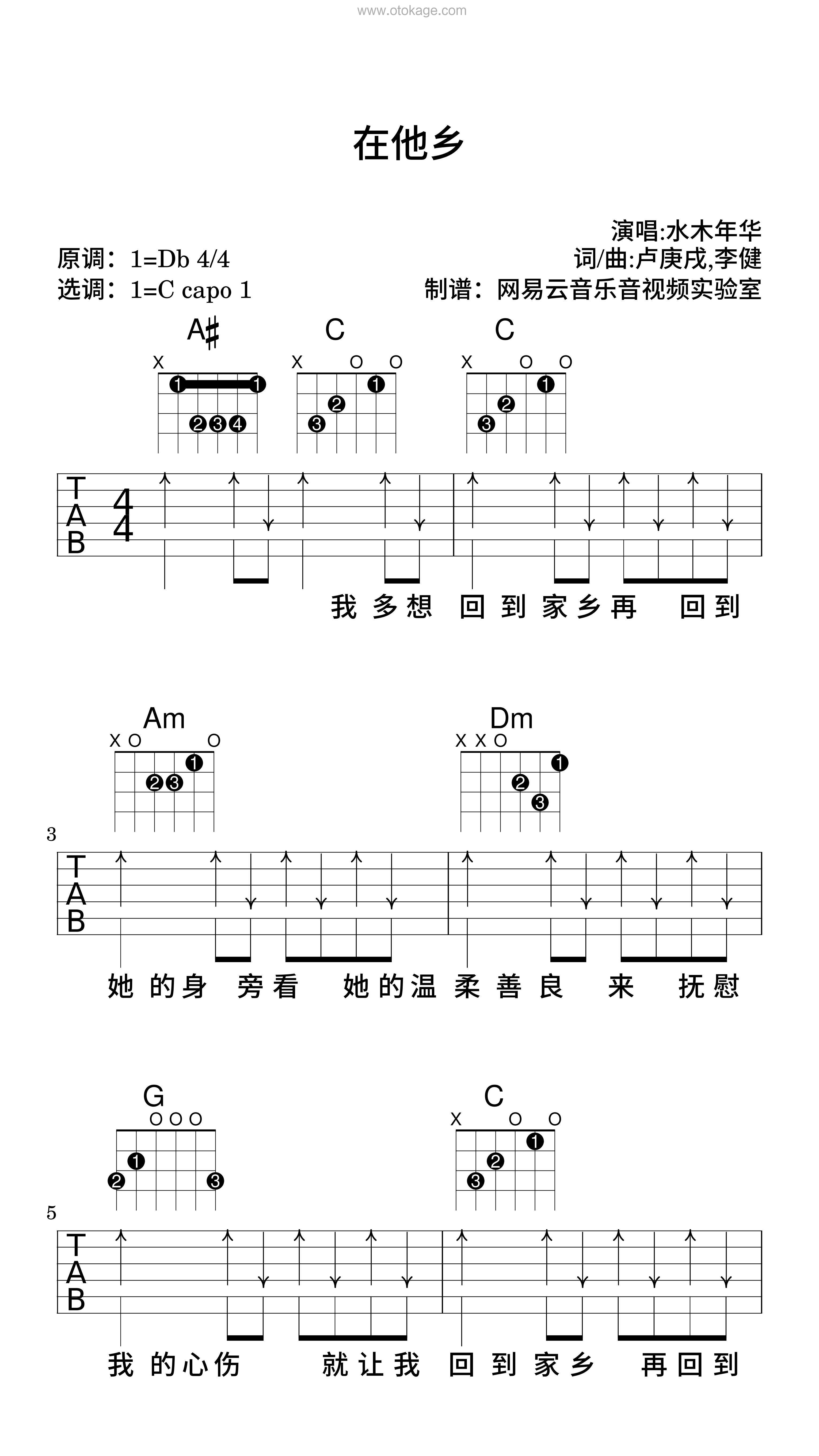 水木年华《在他乡吉他谱》降D调_极致的音乐享受