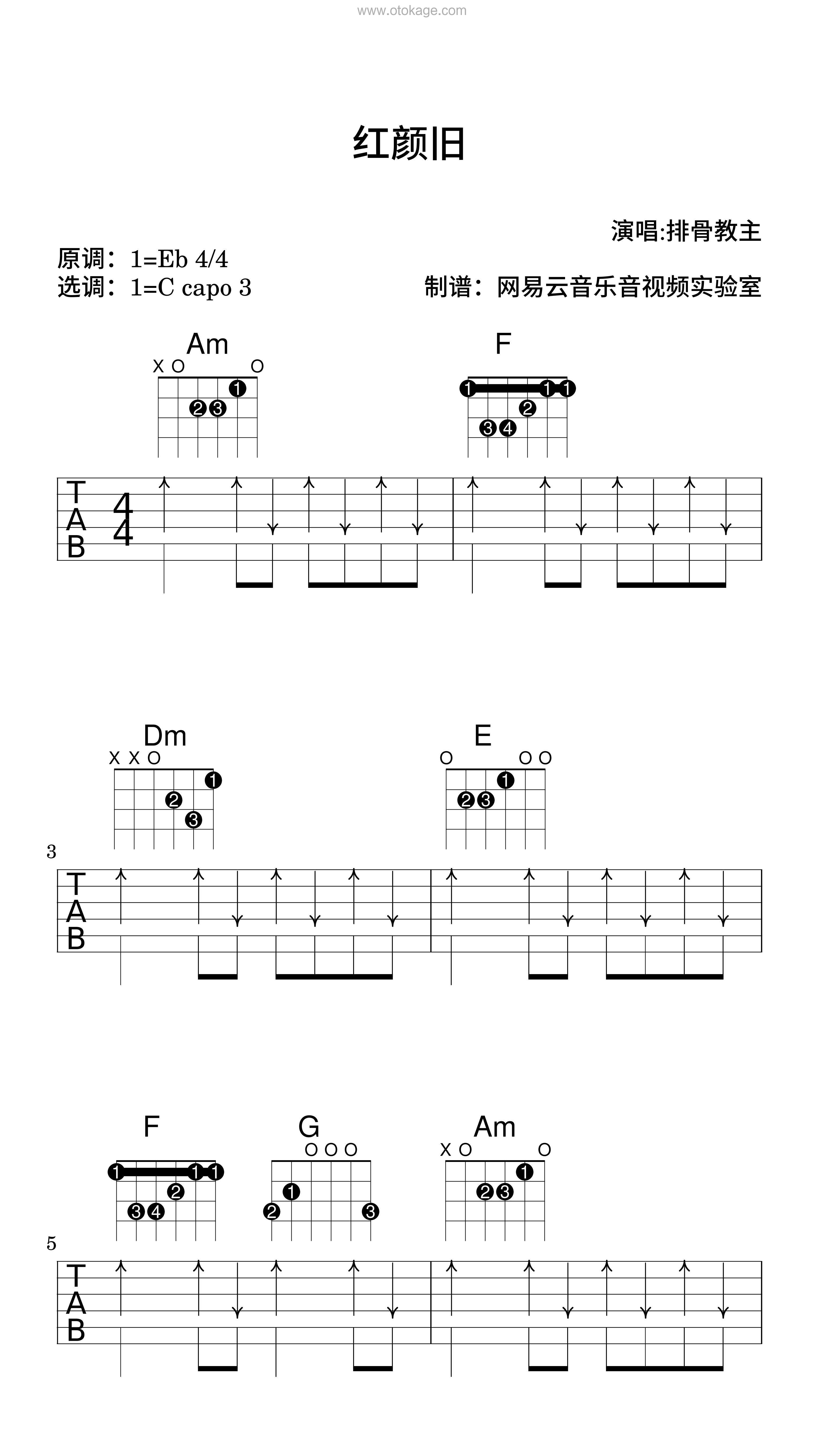 排骨教主《红颜旧吉他谱》降E调_音符美得令人陶醉