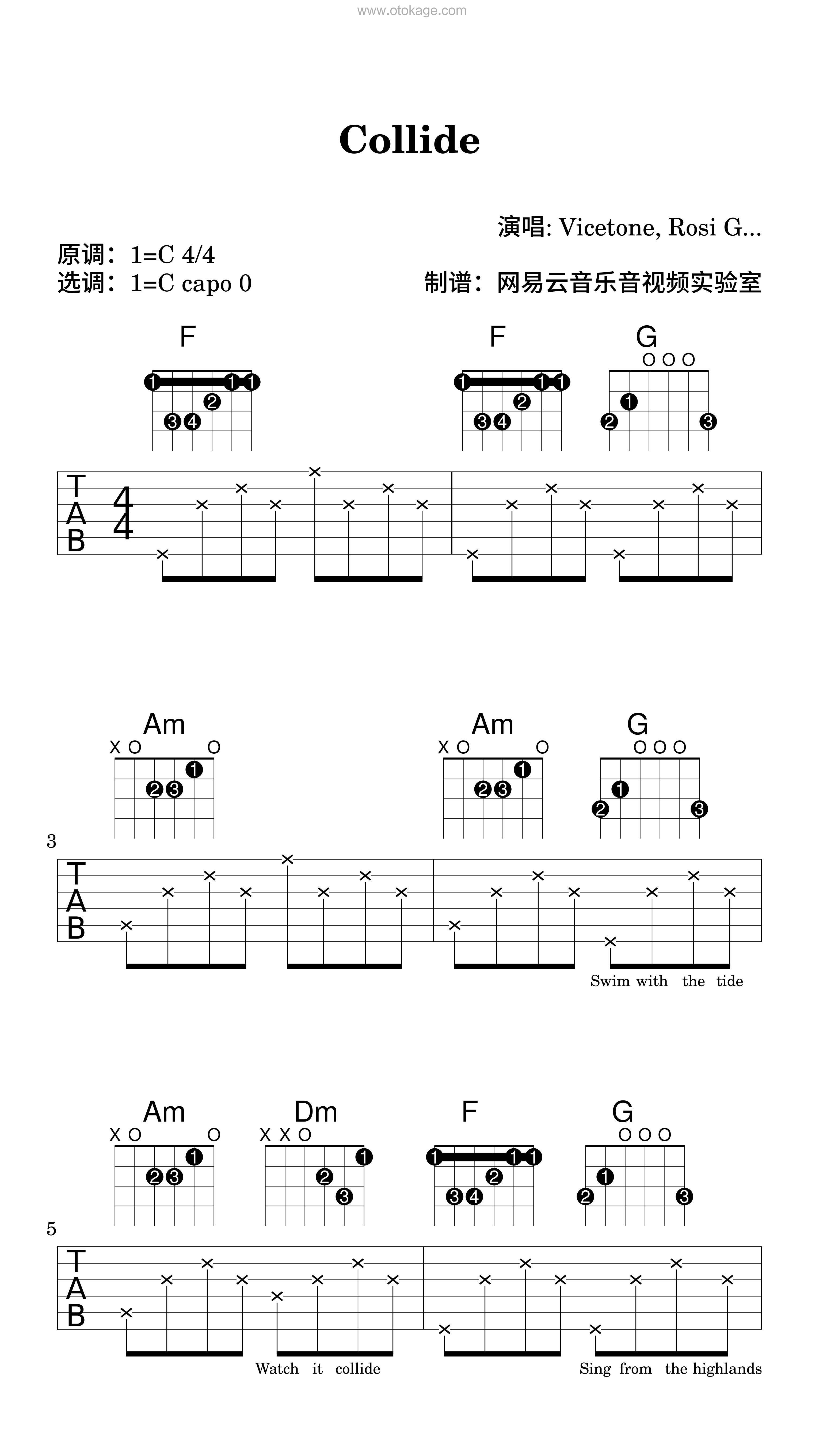 Vicetone,Rosi Golan《Collide吉他谱》C调_旋律优美流畅