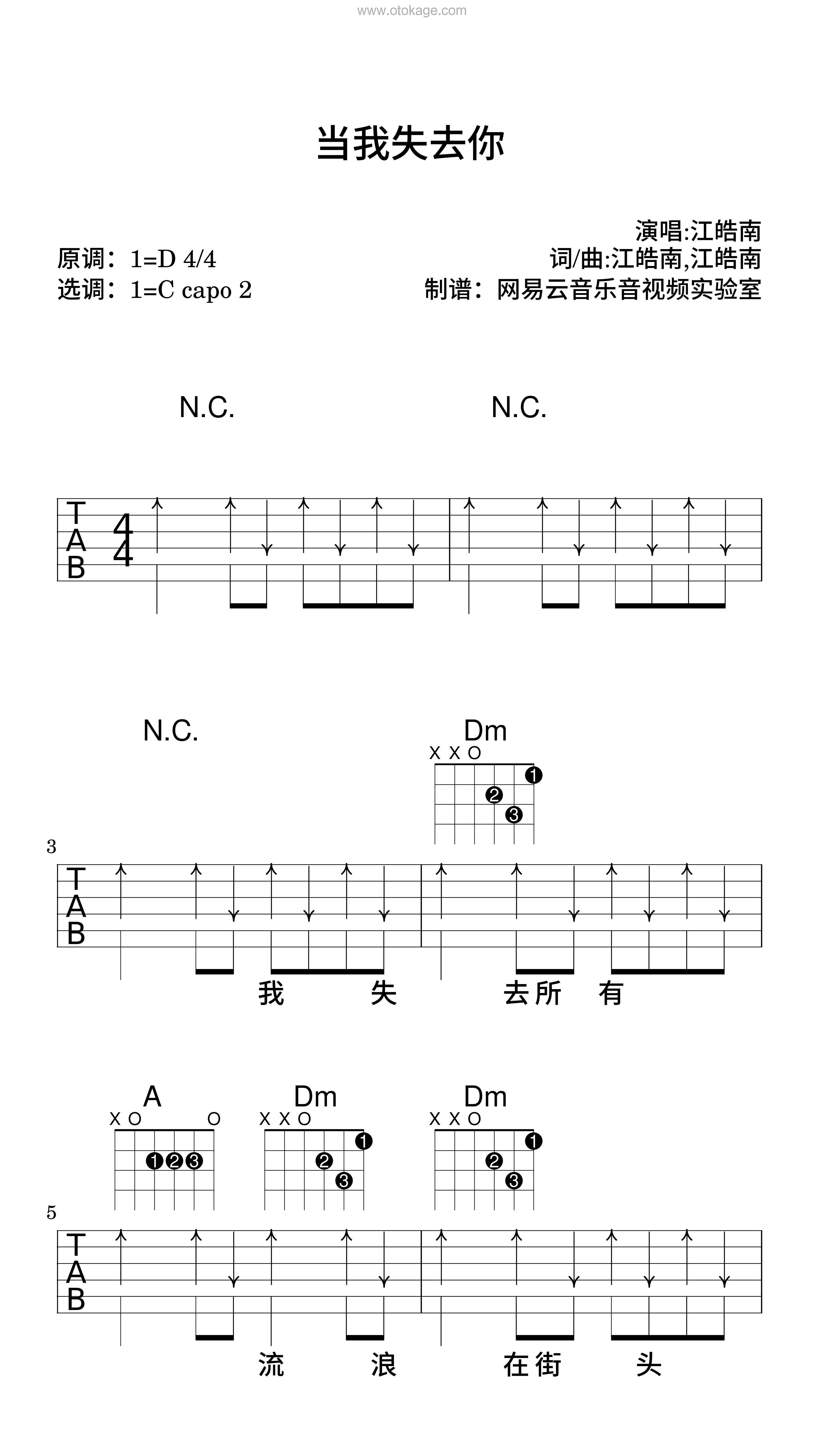 江皓南《当我失去你吉他谱》D调_音符与情感共鸣