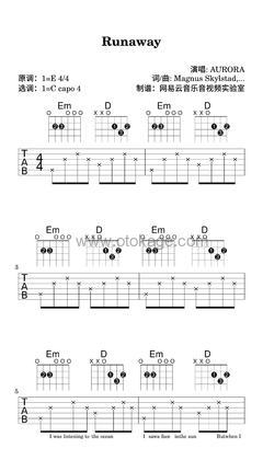 AURORA《Runaway吉他谱》E调_音符与情感交织