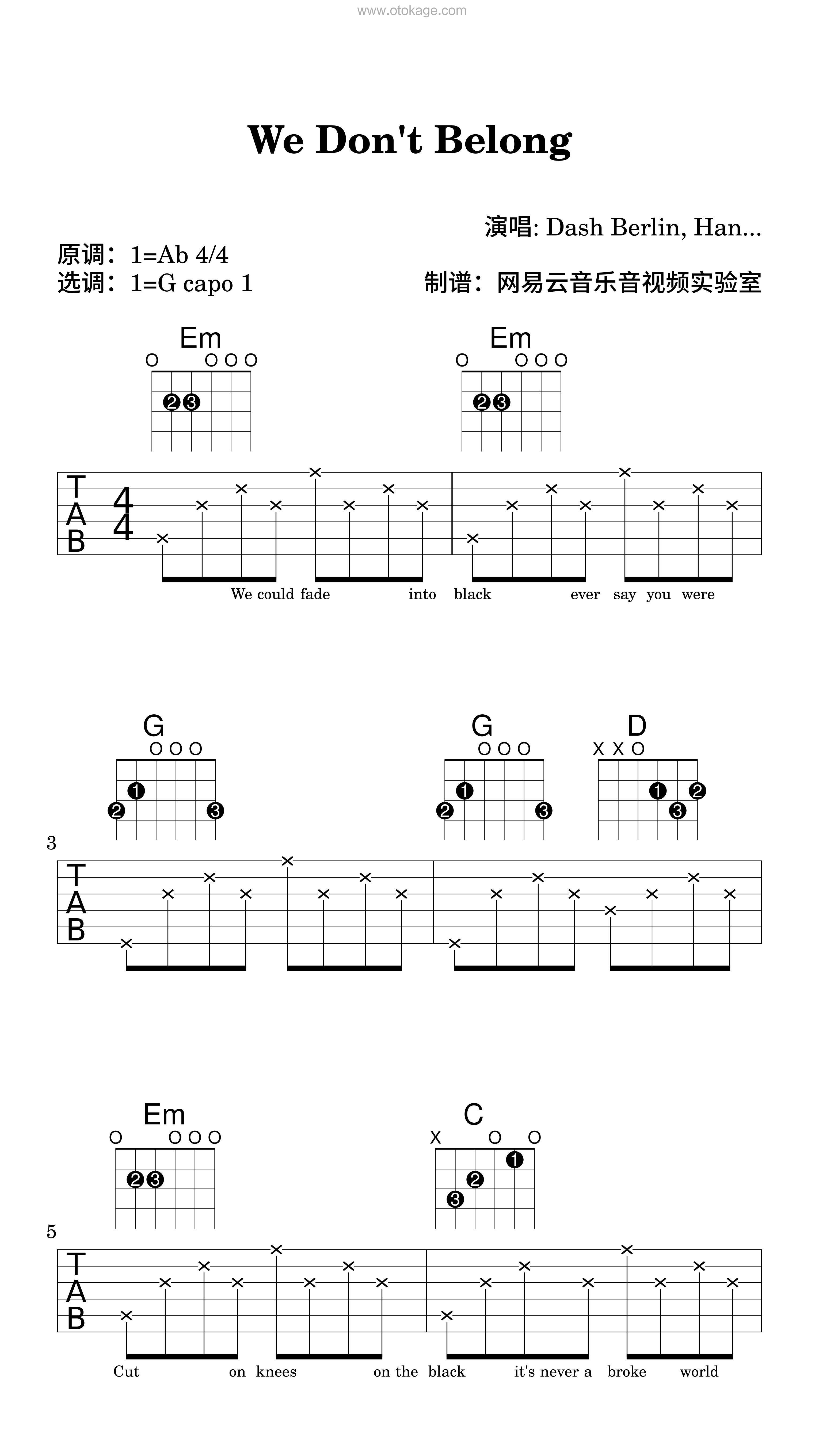 Dash Berlin,Haneri《We Don't Belong吉他谱》降A调_编曲简洁动人