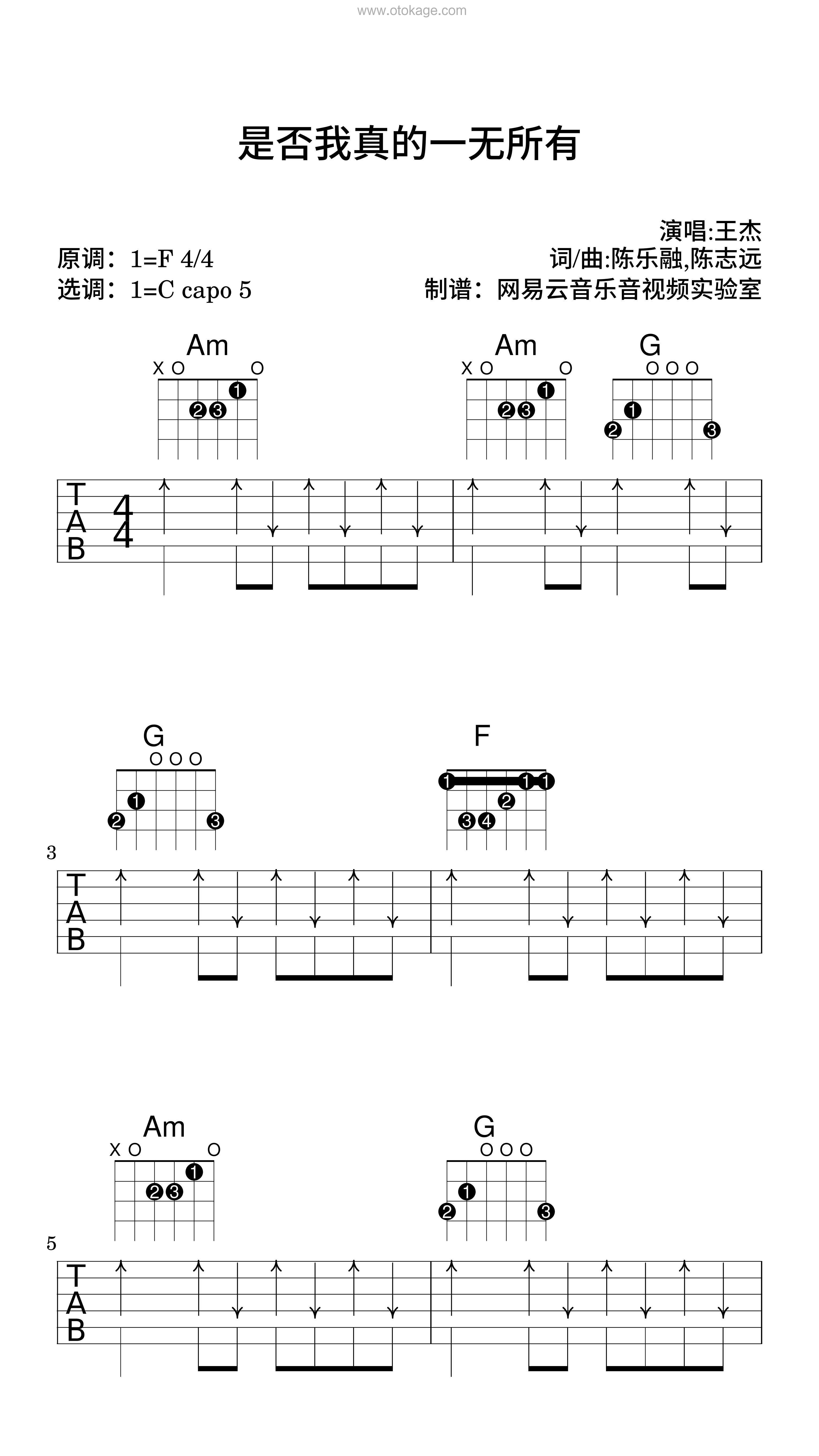 王杰《是否我真的一无所有吉他谱》F调_音符轻盈跳动