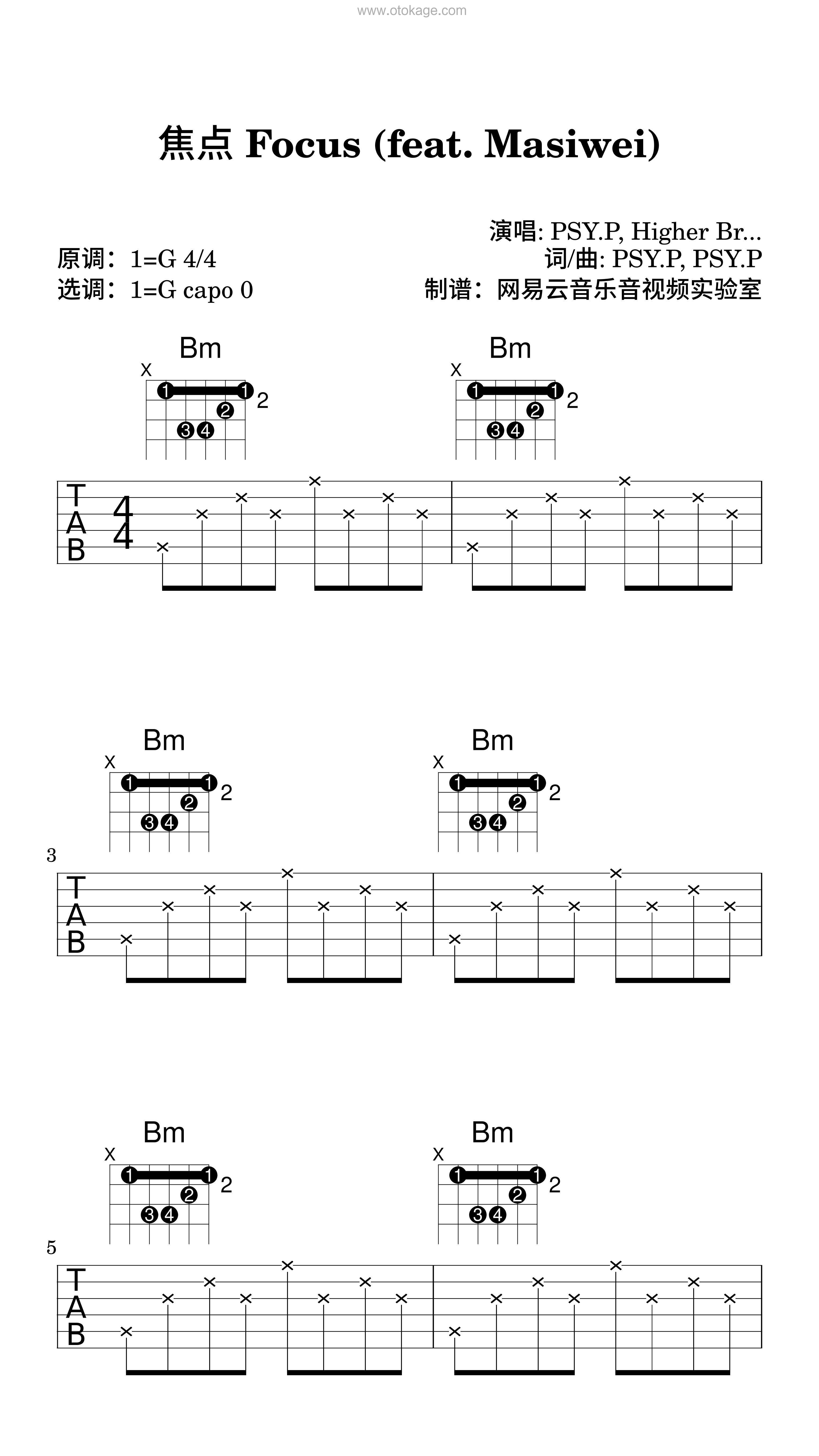 PSY.P,Higher Brothers《焦点 Focus (feat. Masiwei)吉他谱》G调_音符轻柔抚慰心灵