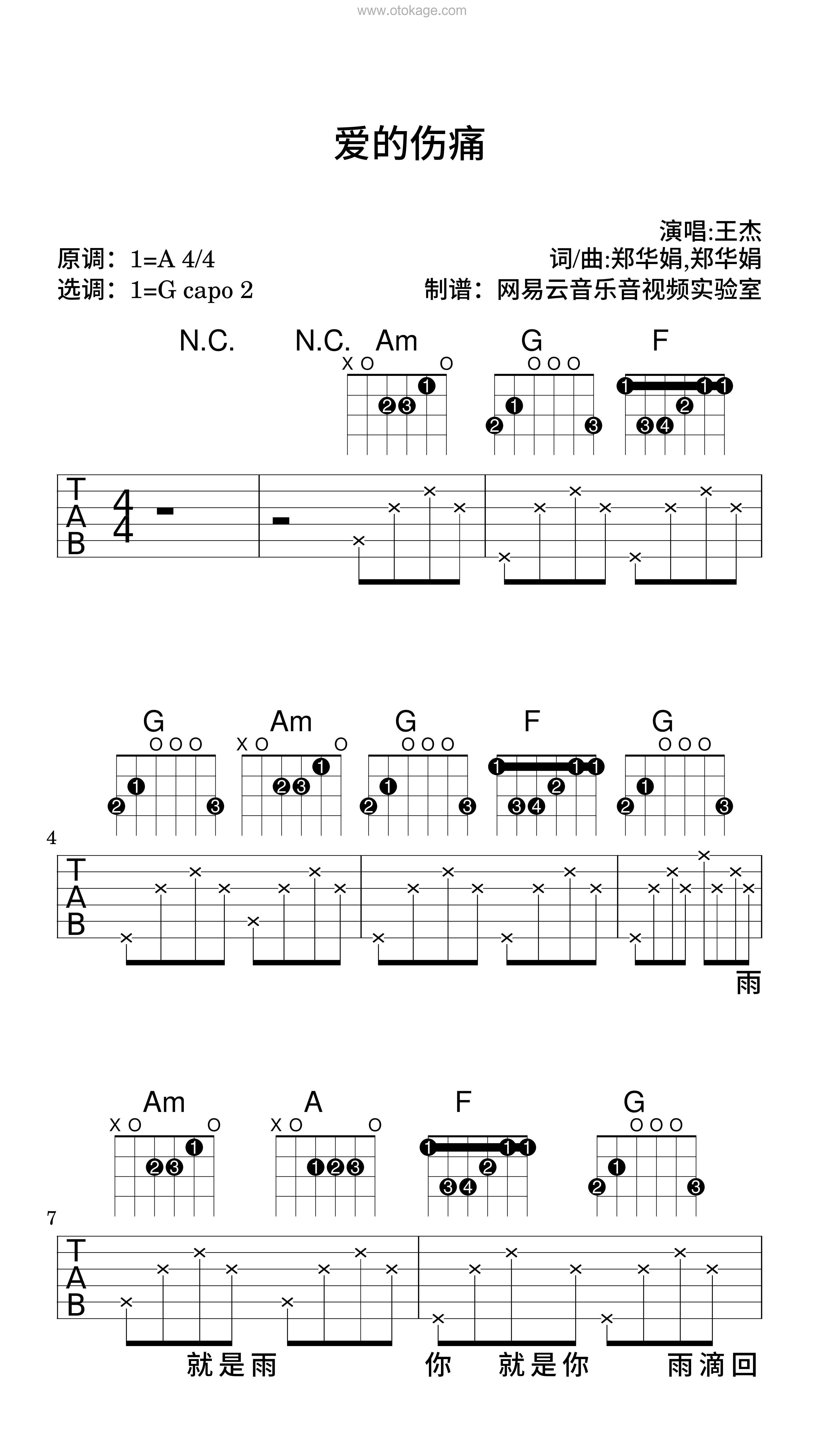 王杰《爱的伤痛吉他谱》A调_旋律轻松愉快