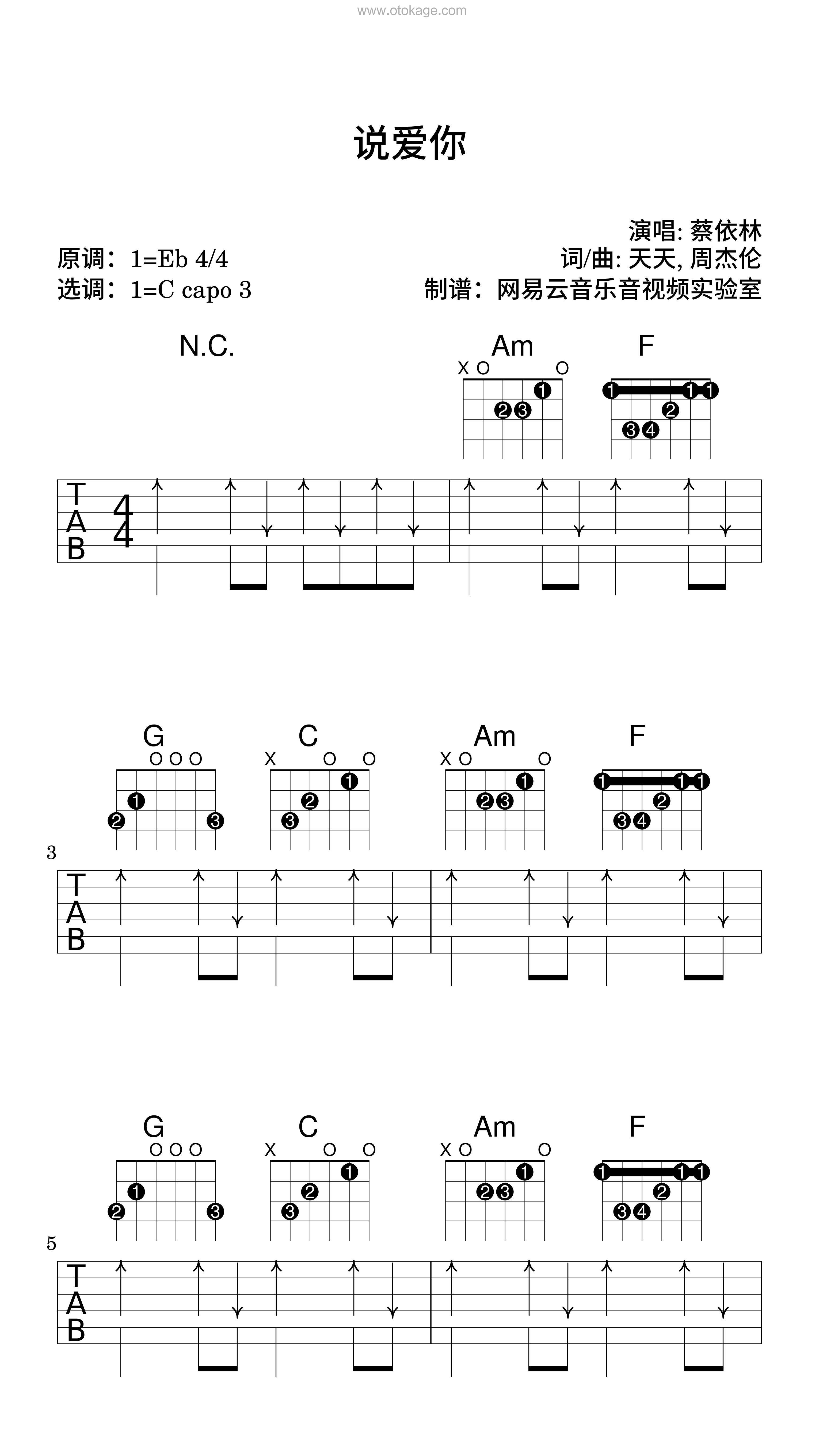蔡依林《说爱你吉他谱》降E调_旋律如诗如画