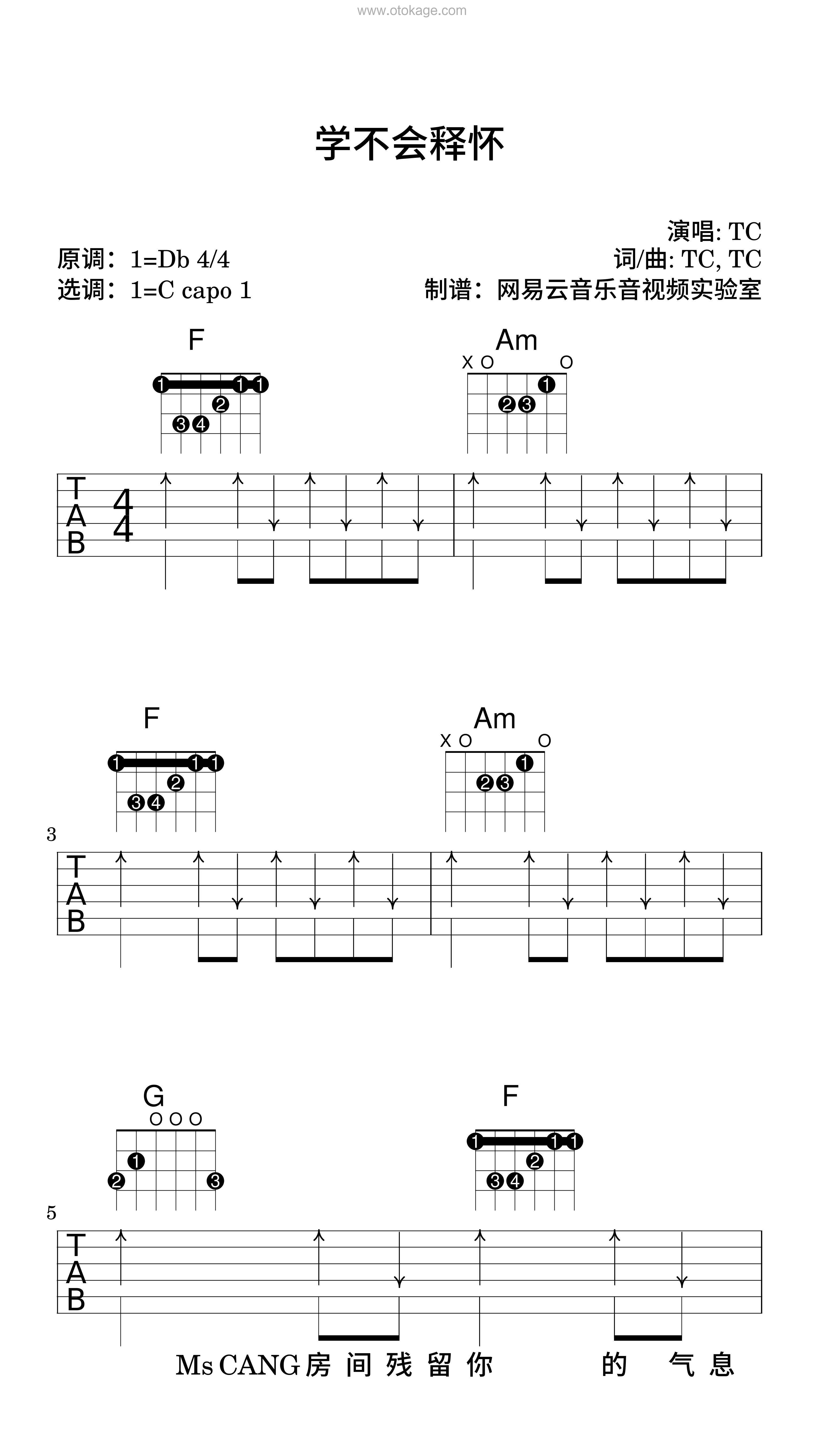 TC《学不会释怀吉他谱》降D调_旋律感人肺腑