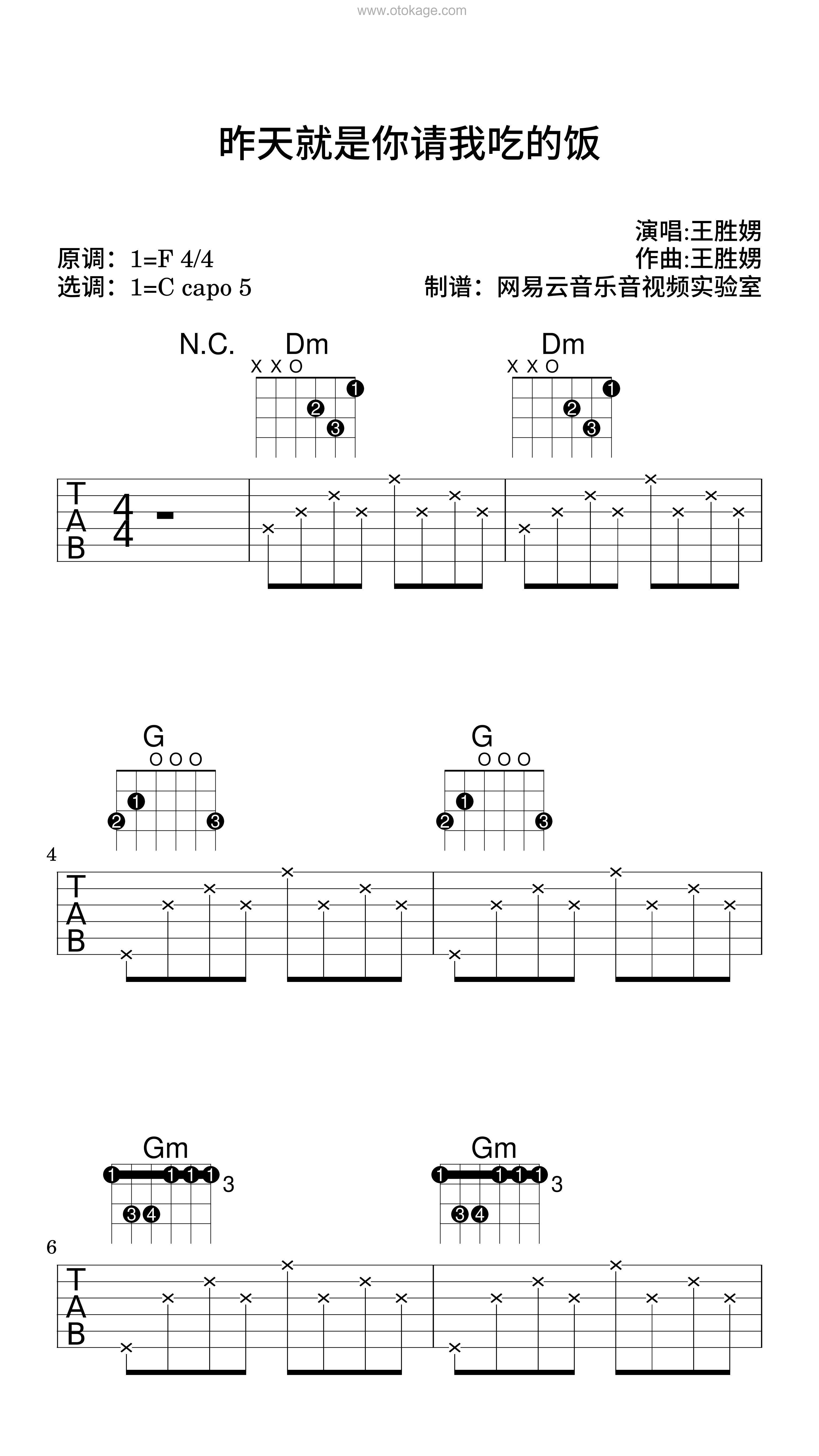王胜娚《昨天就是你请我吃的饭吉他谱》F调_完美的声线搭配