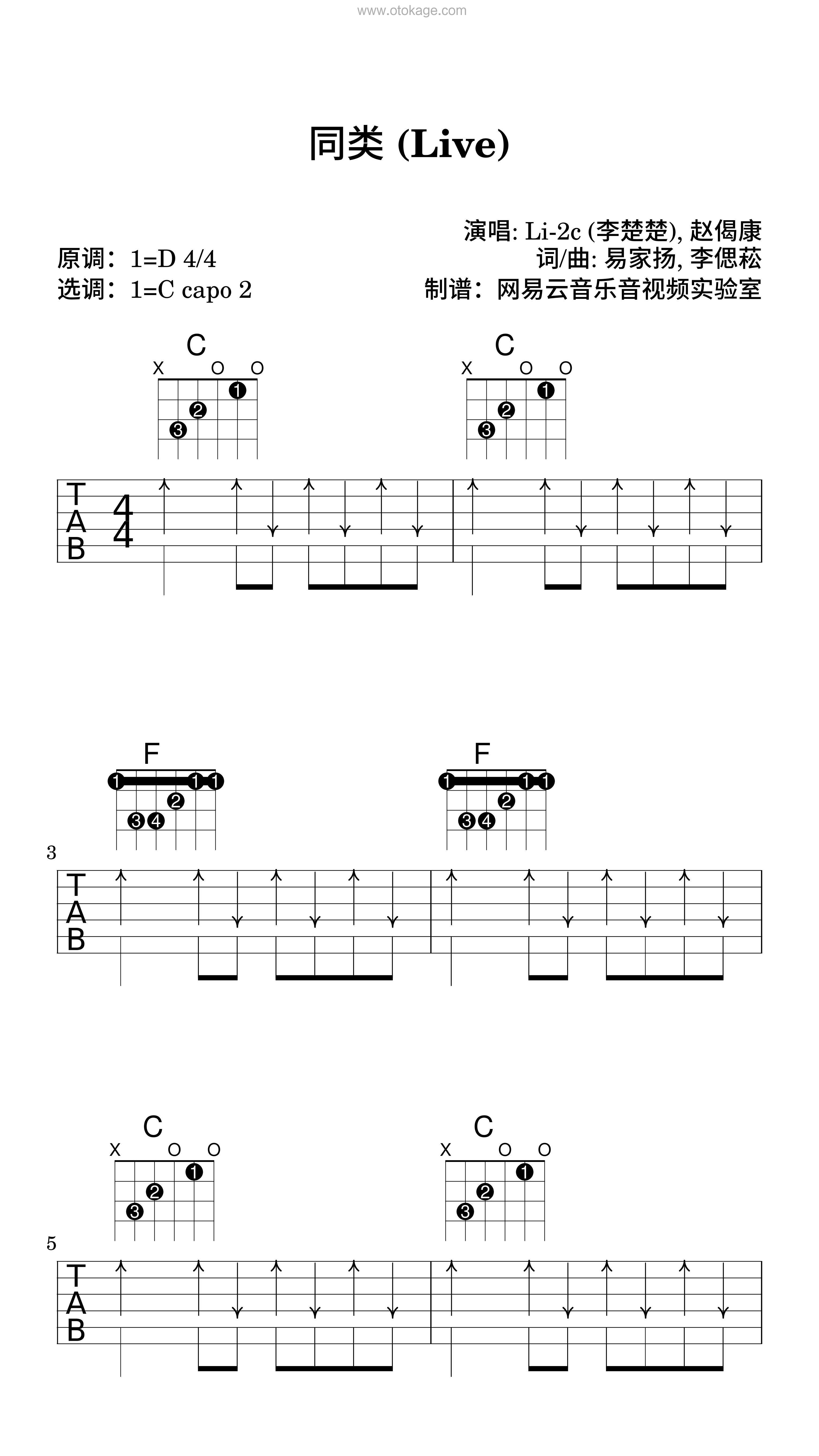 Li-2c (李楚楚),赵偈康《同类 (Live)吉他谱》D调_编曲简洁动人