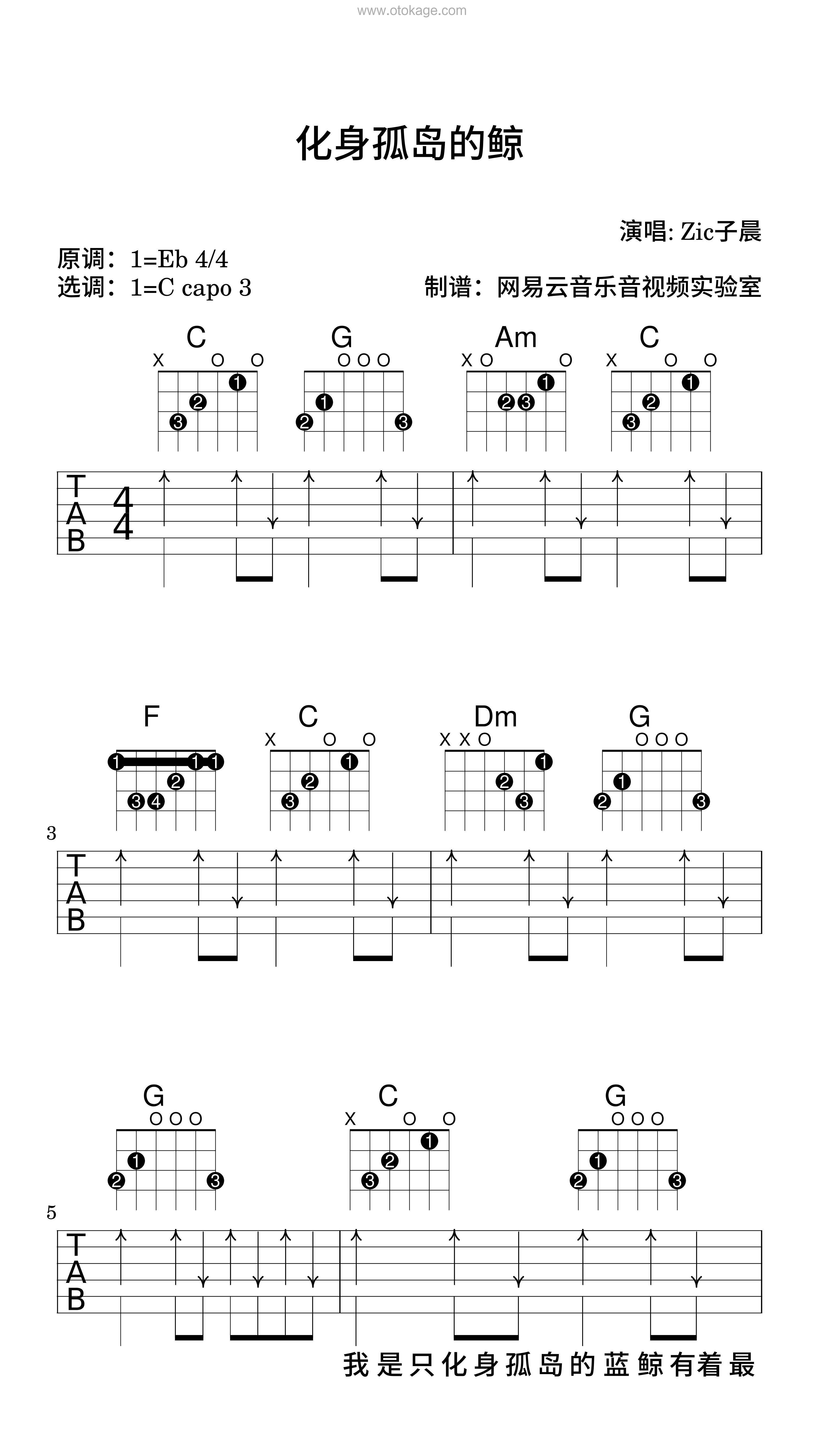 Zic子晨《化身孤岛的鲸吉他谱》降E调_节奏自由流动