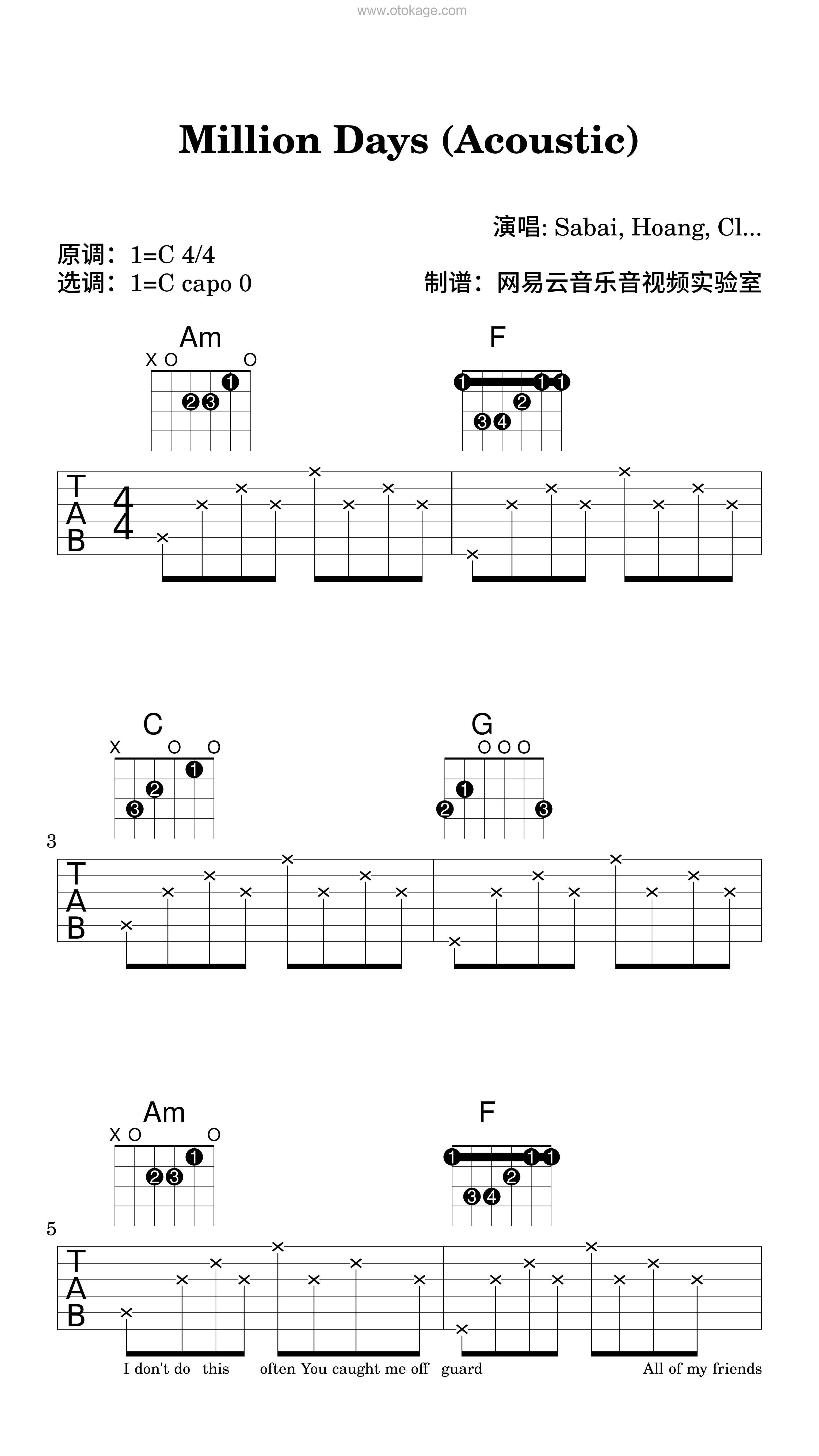 SABAI,Hoang《Million Days (Acoustic)吉他谱》C调_旋律优美流畅