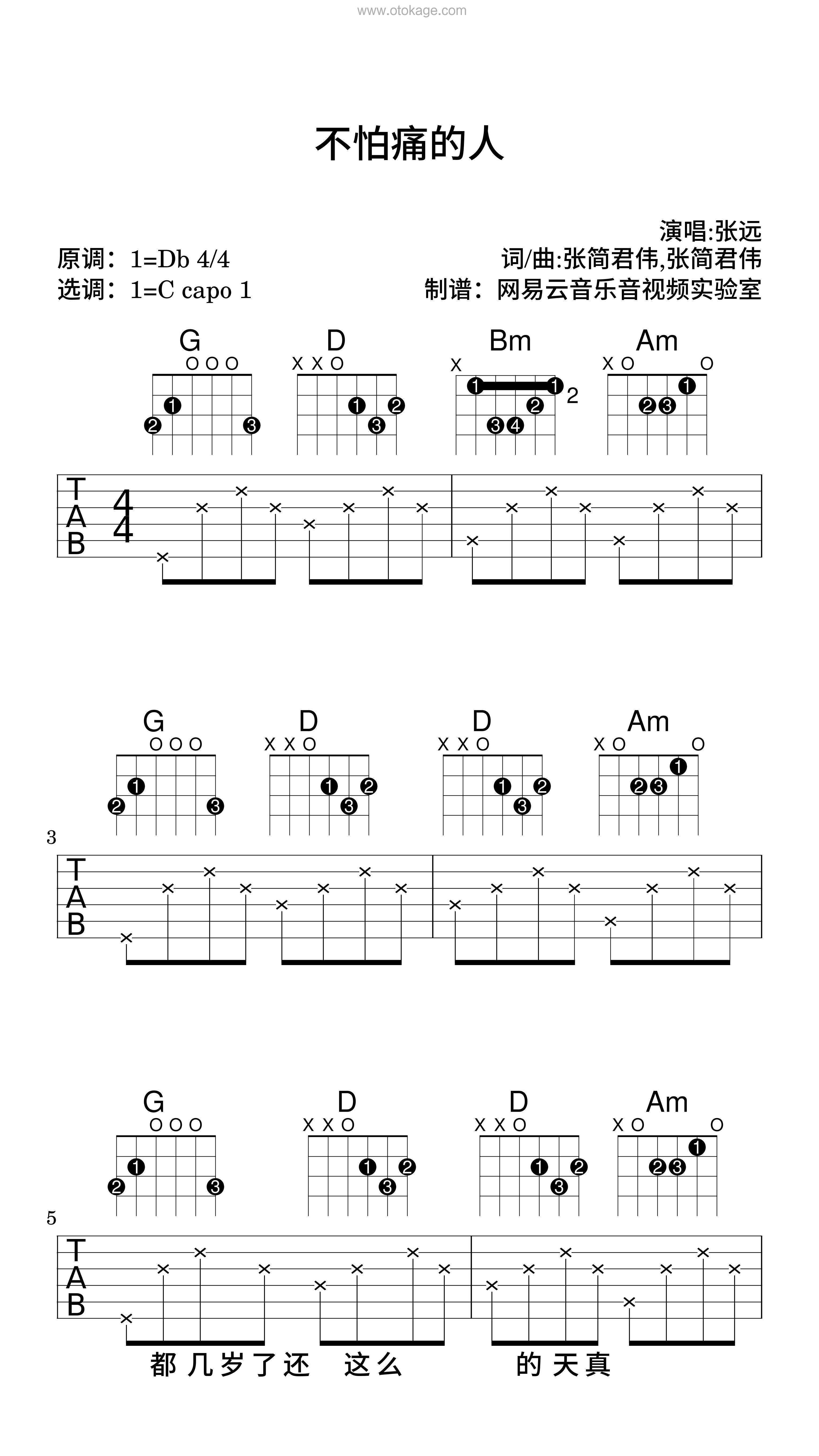 张远《不怕痛的人吉他谱》降D调_清澈纯净的音符