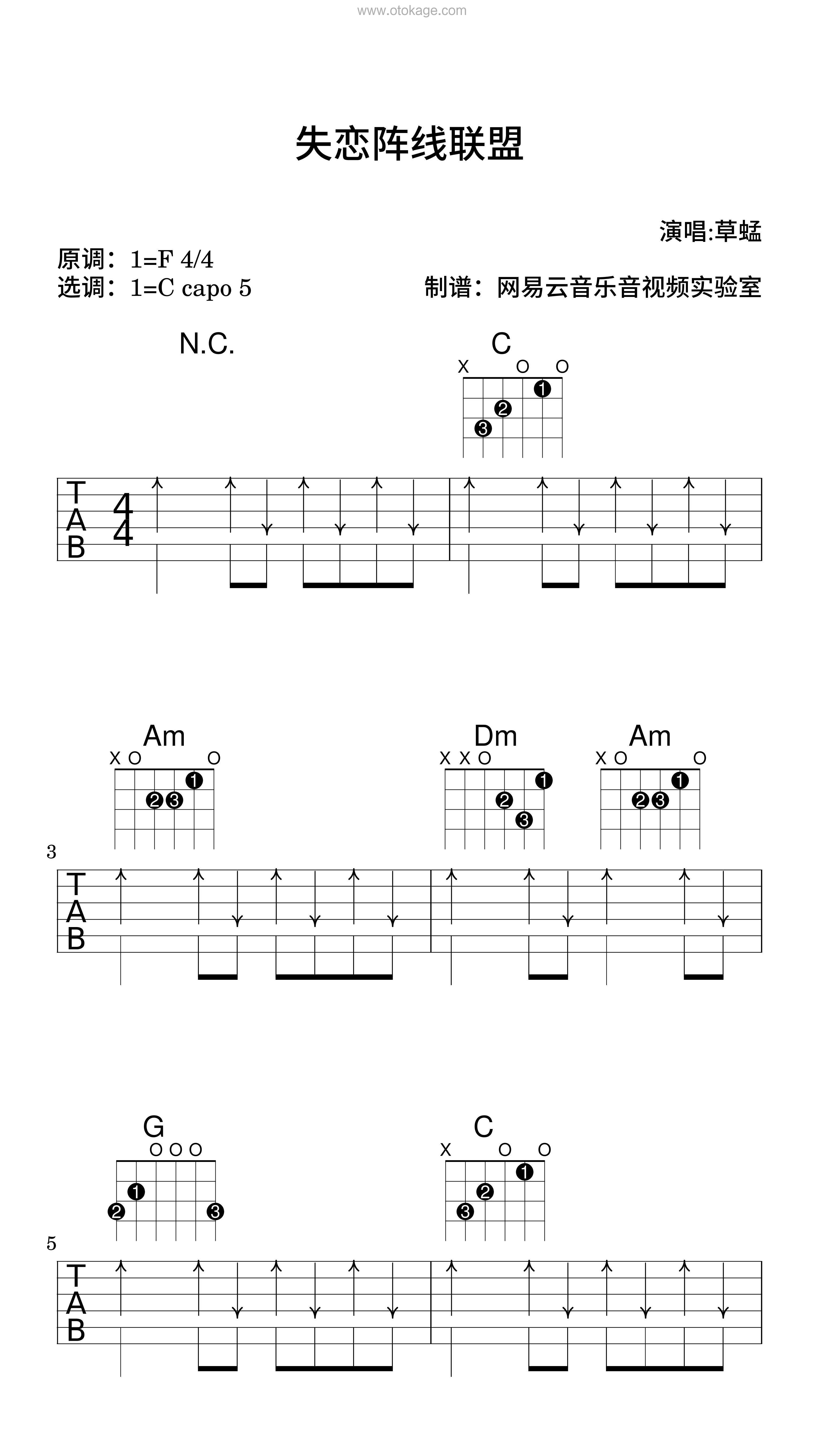 草蜢《失恋阵线联盟吉他谱》F调_音符与情感交织