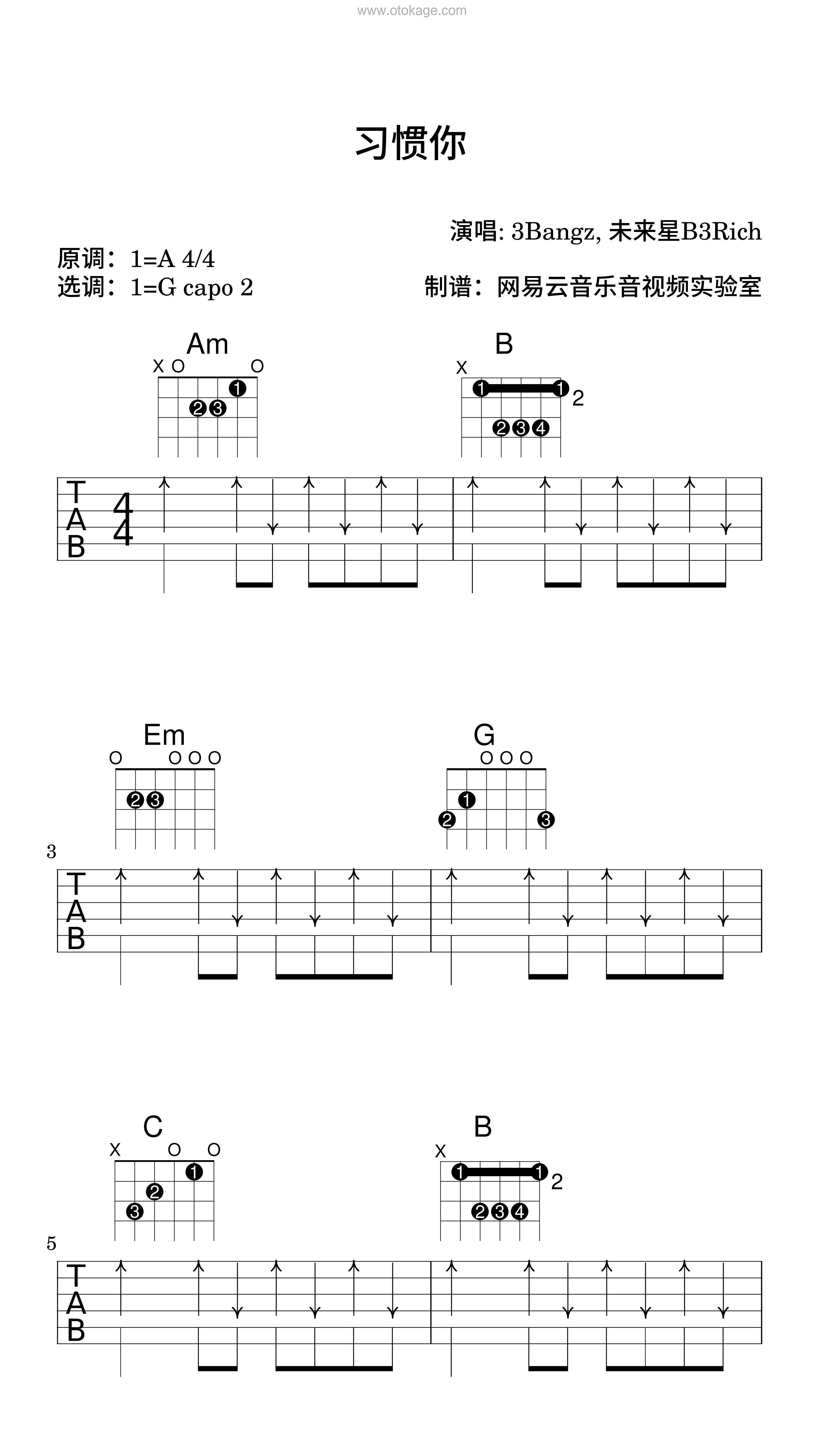 3Bangz,未来星B3Rich《习惯你吉他谱》A调_旋律深刻动人
