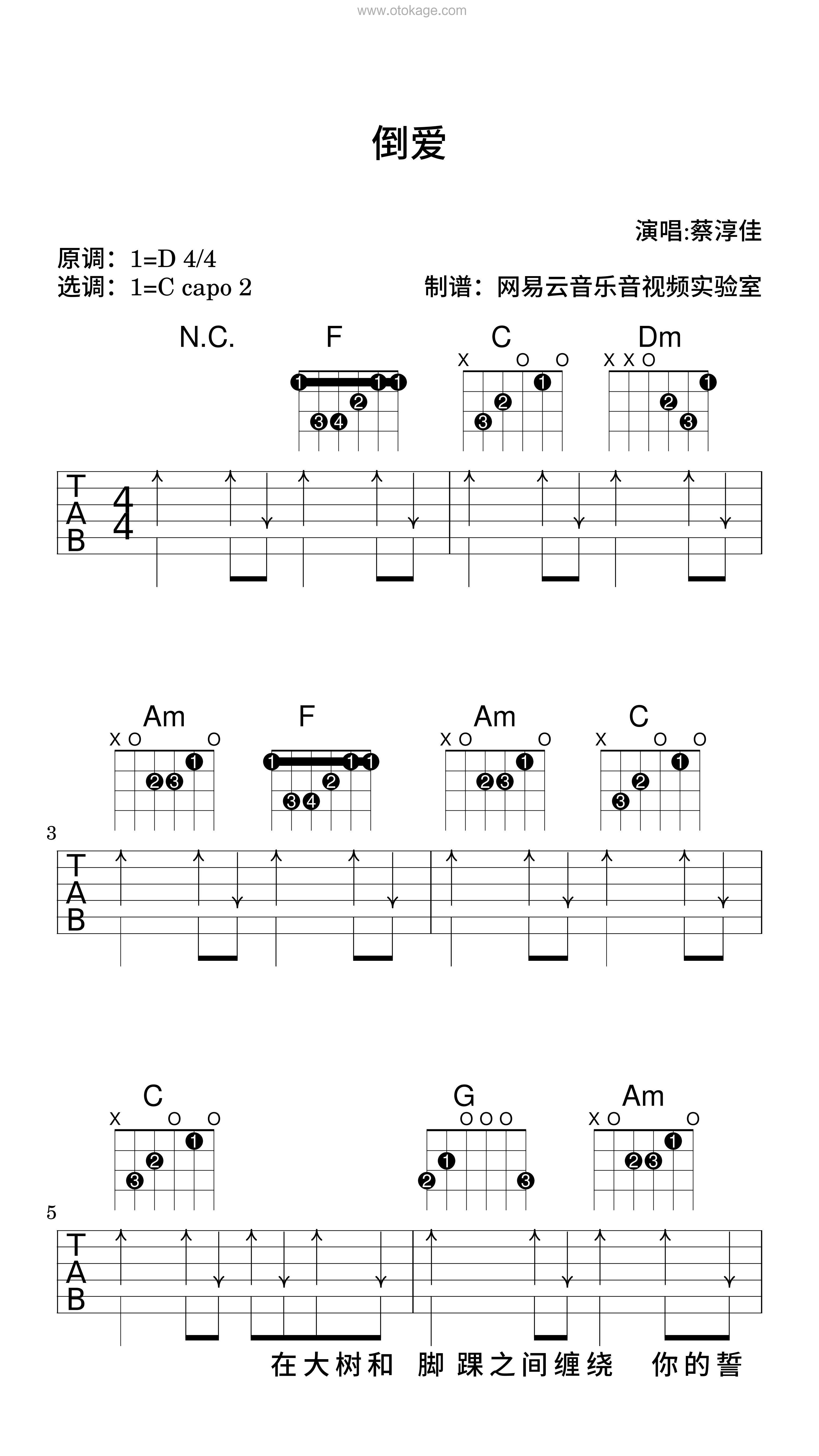 蔡淳佳《倒爱吉他谱》D调_感人至深的版本