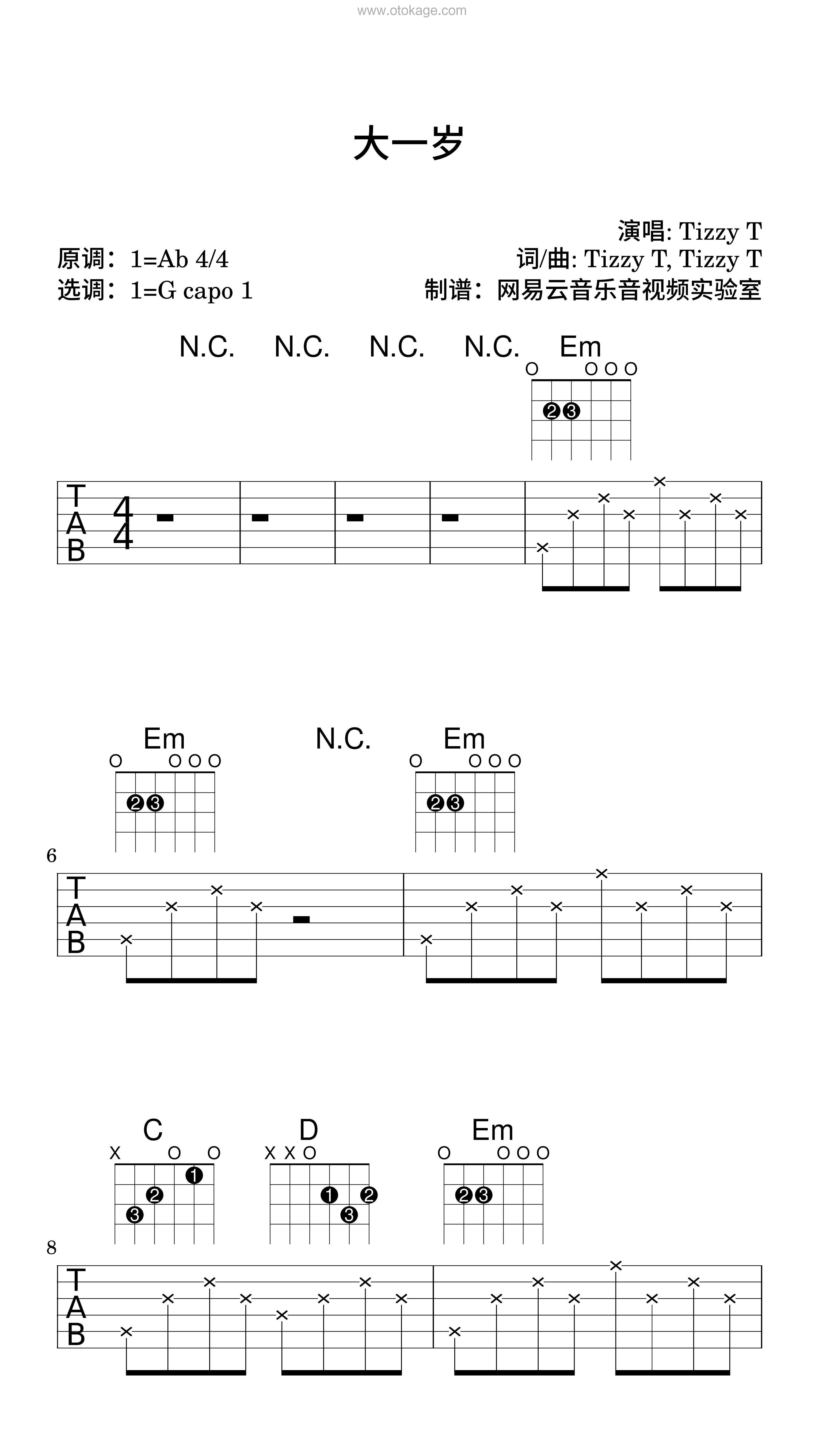 TizzyT《大一岁吉他谱》降A调_旋律沁人心田