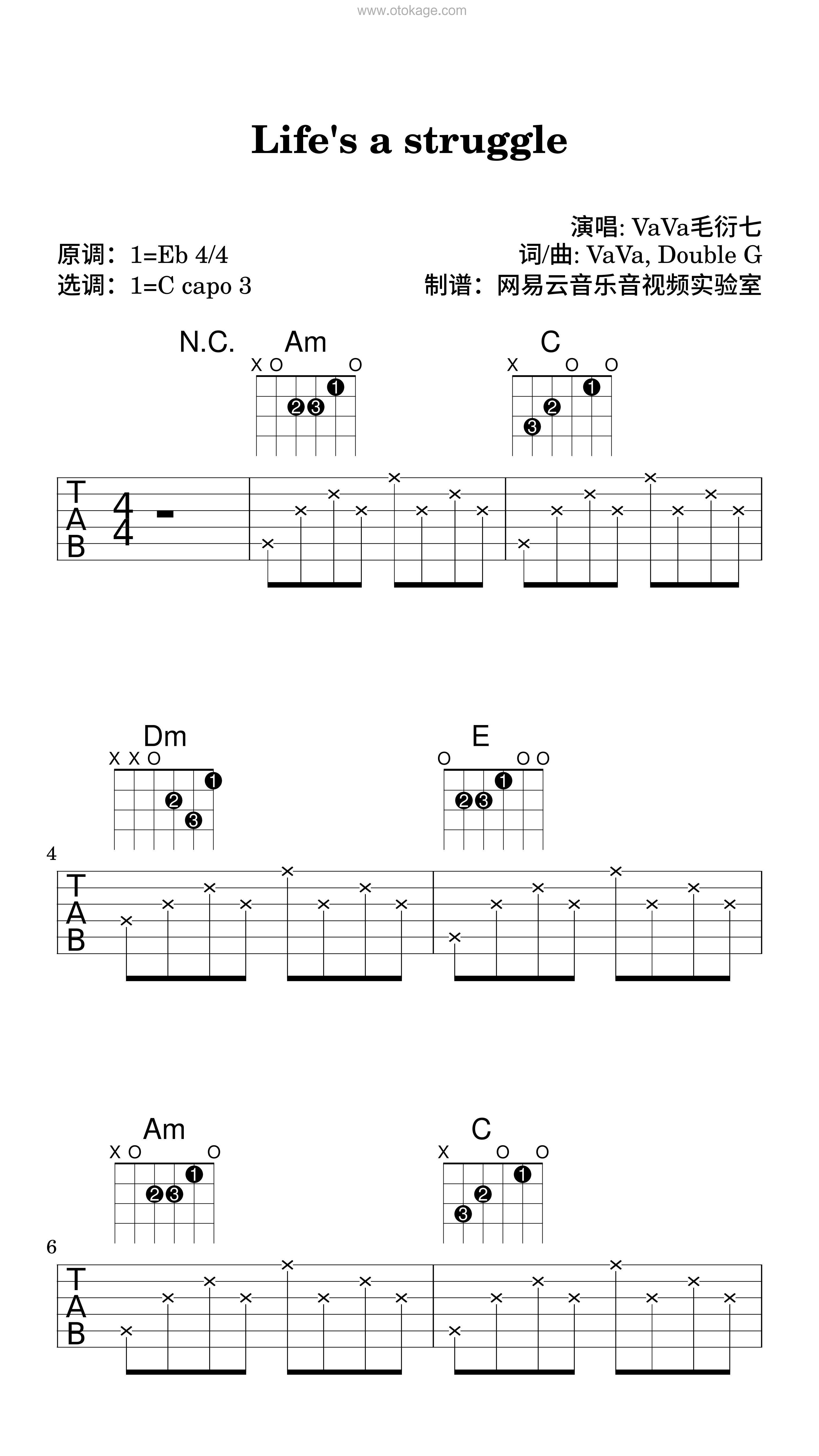 VaVa毛衍七《Life's a struggle吉他谱》降E调_完美旋律设计
