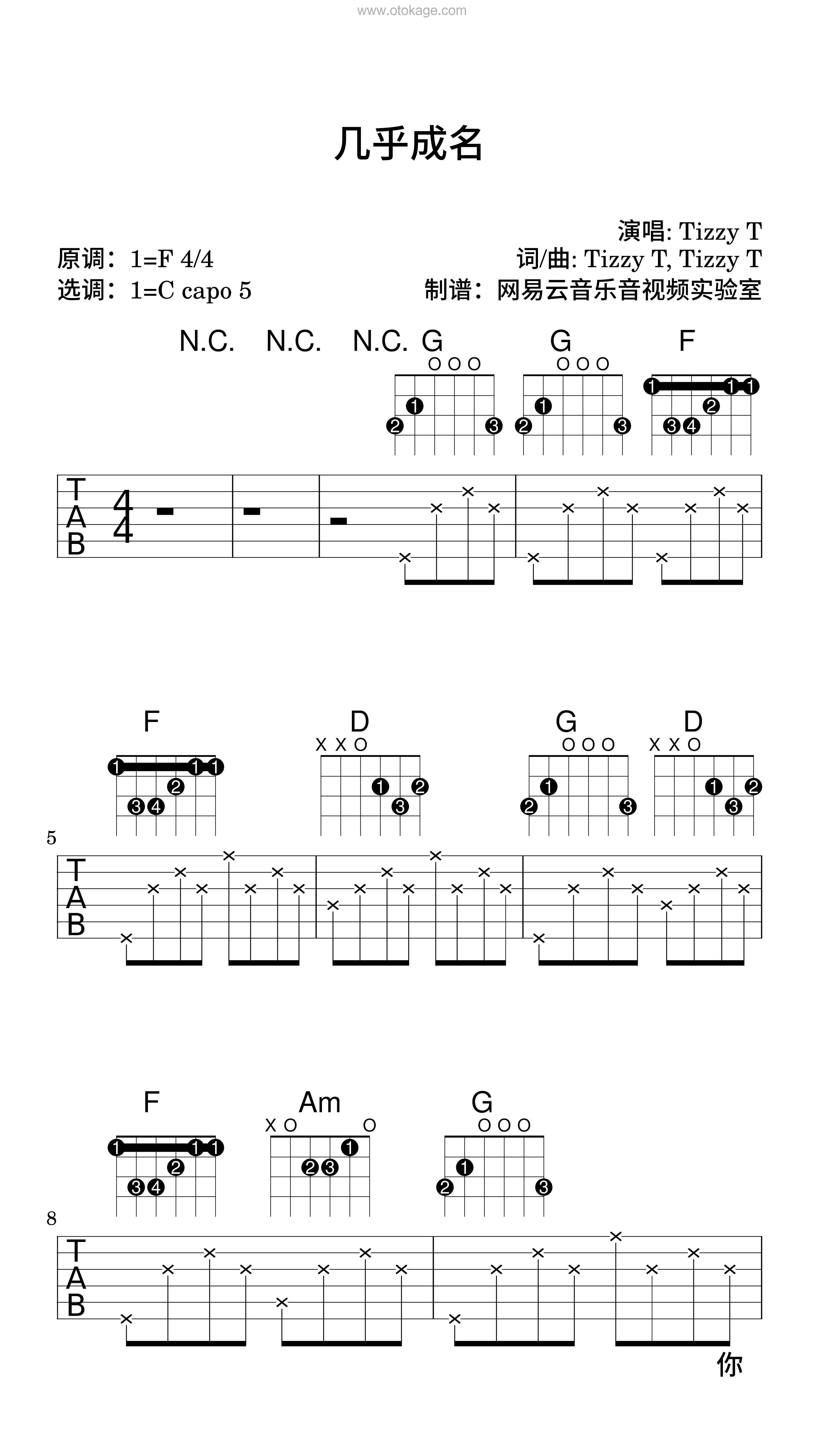 TizzyT《几乎成名吉他谱》F调_完美编曲设计