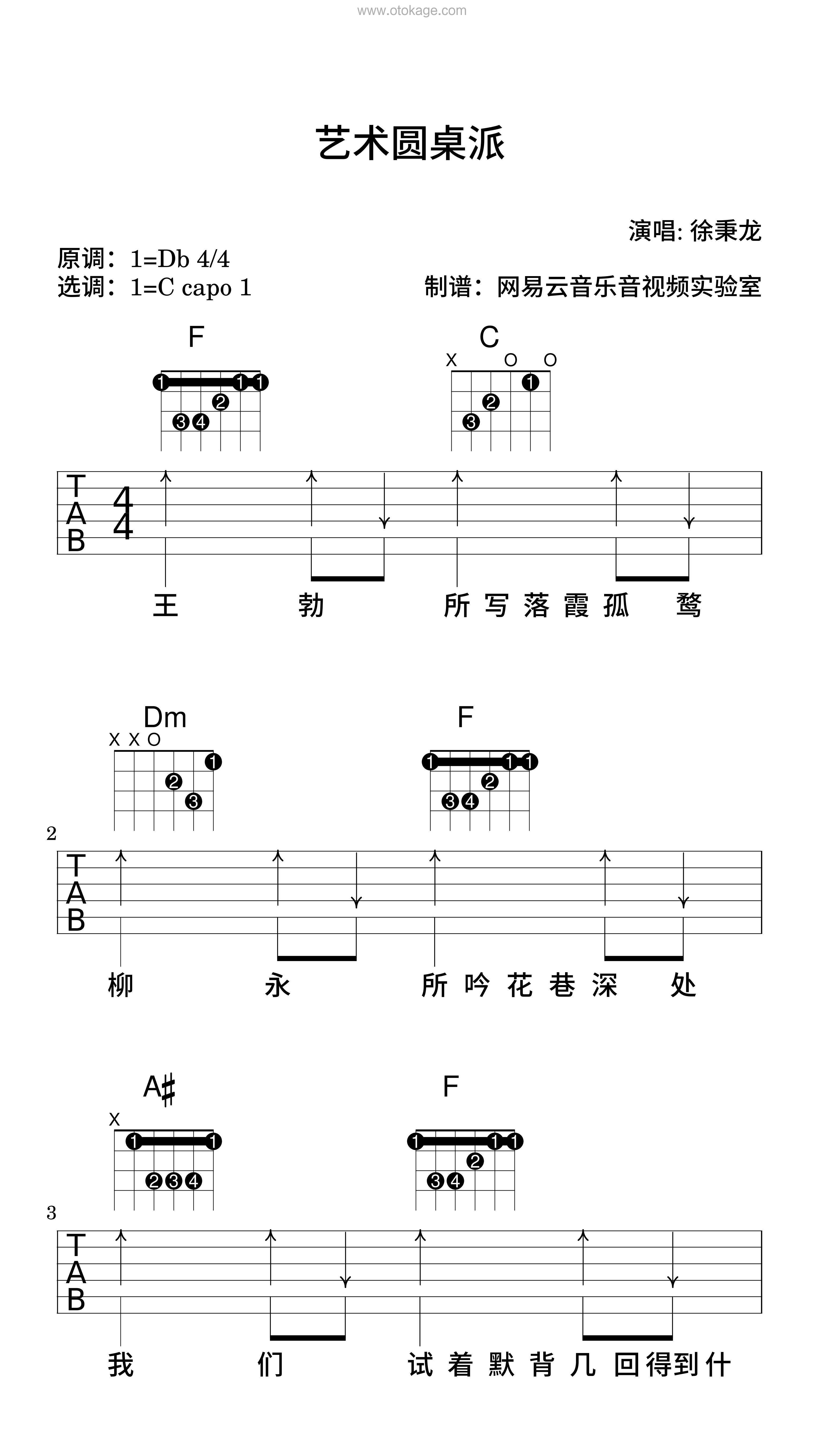 徐秉龙《艺术圆桌派吉他谱》降D调_音符如流水般柔和