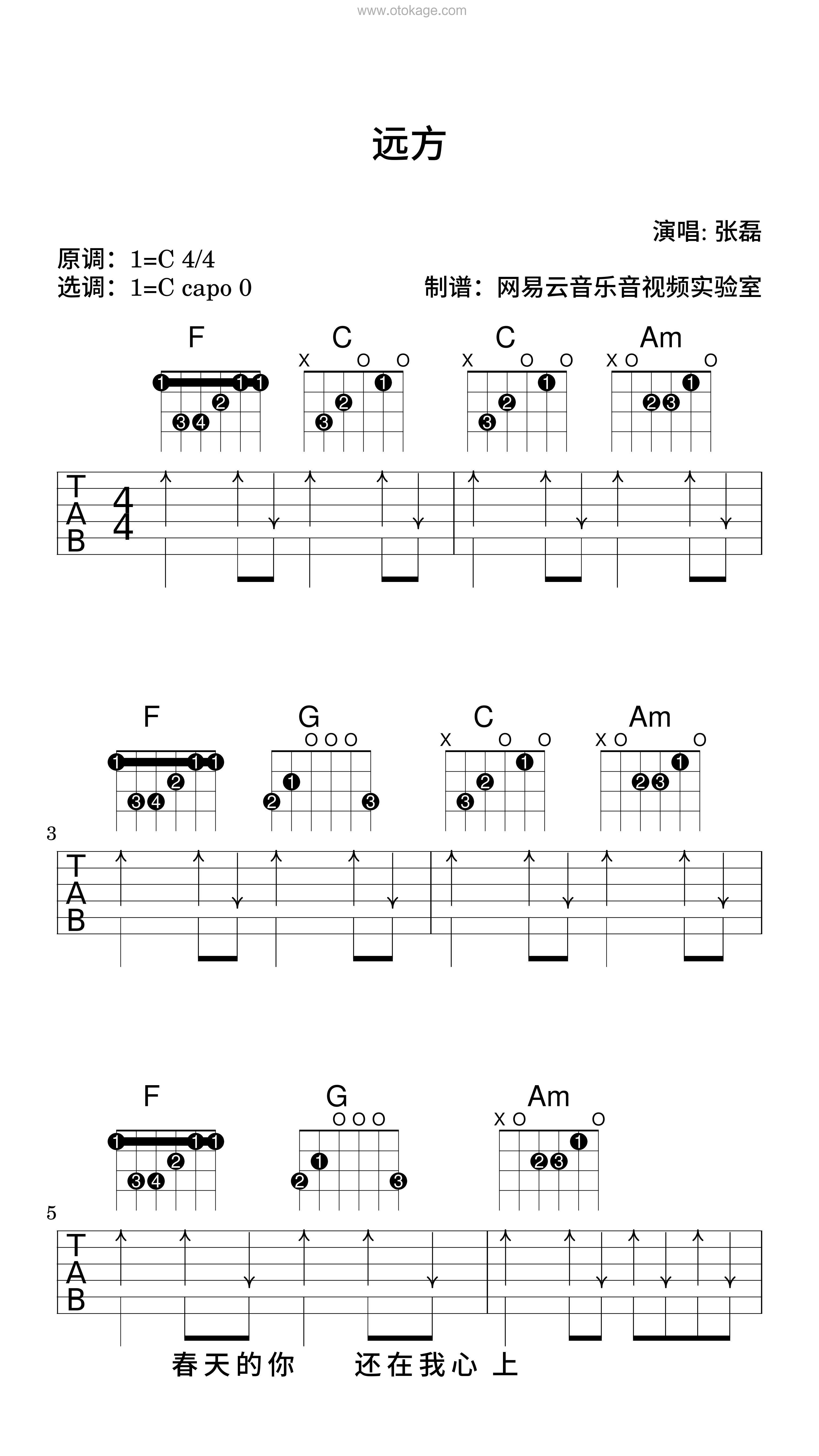 张磊《远方吉他谱》C调_音色温暖动人