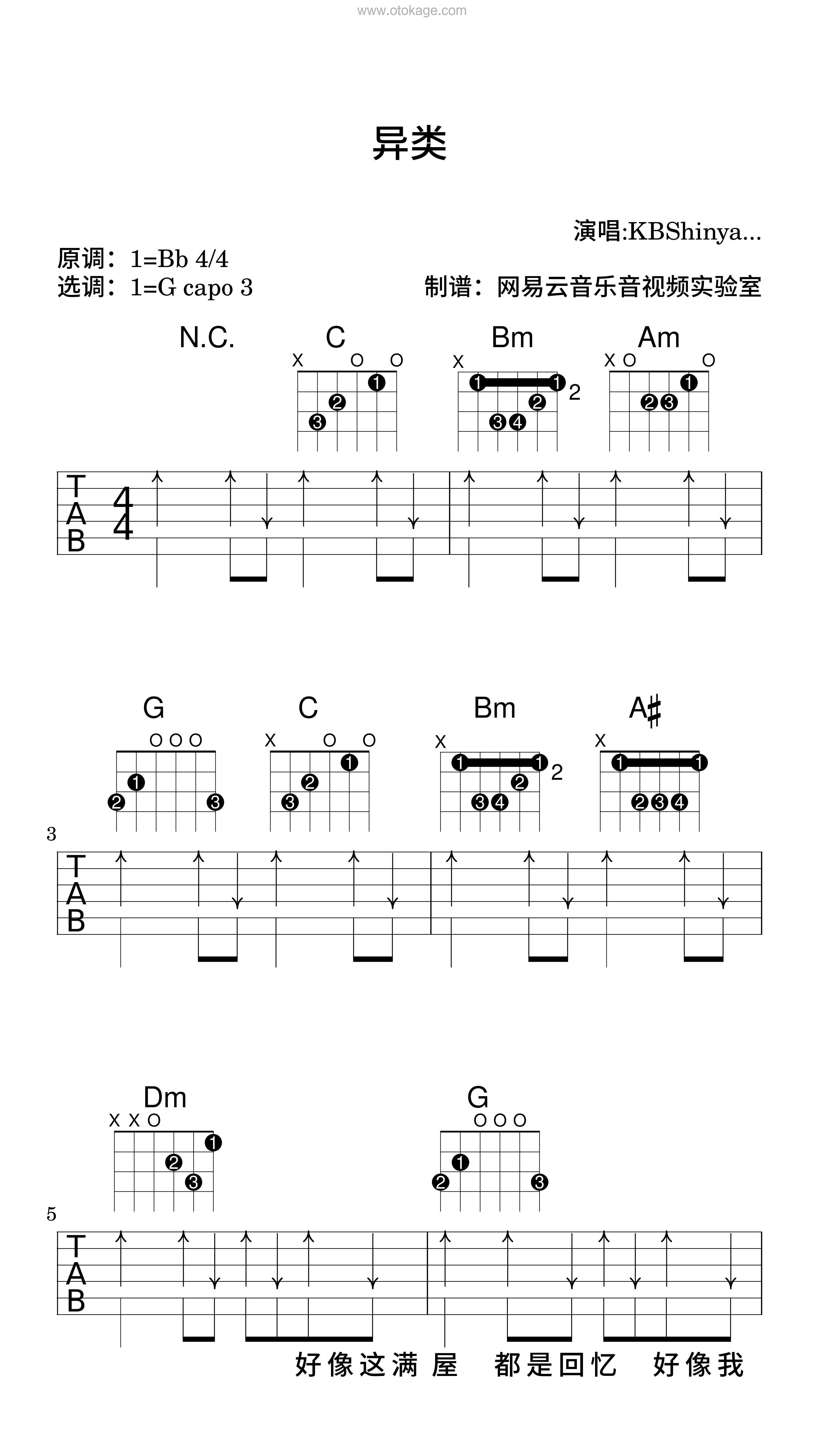 KBShinya《异类吉他谱》降B调_旋律丝滑流畅