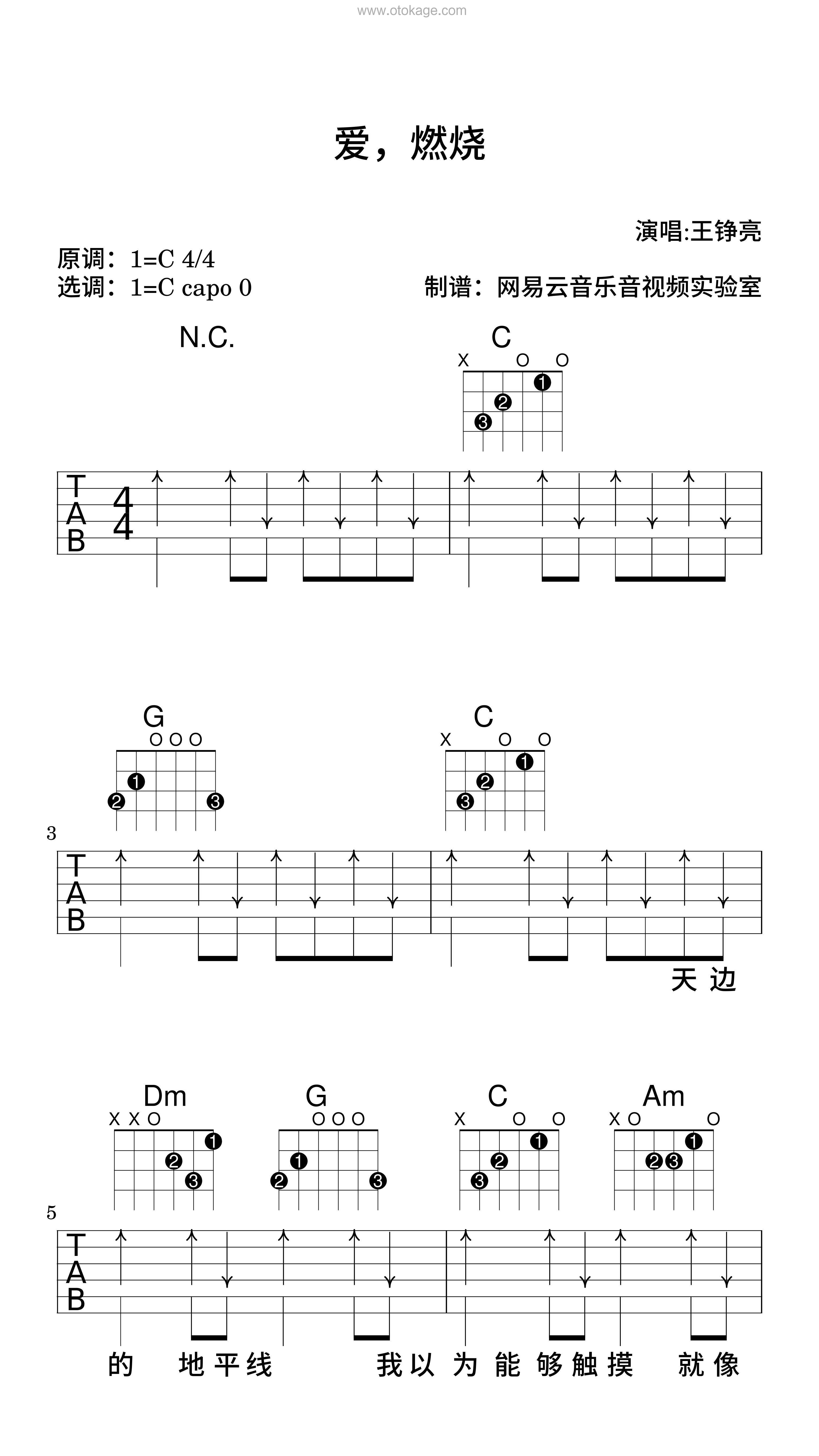 王铮亮《爱，燃烧吉他谱》C调_旋律沁人心田