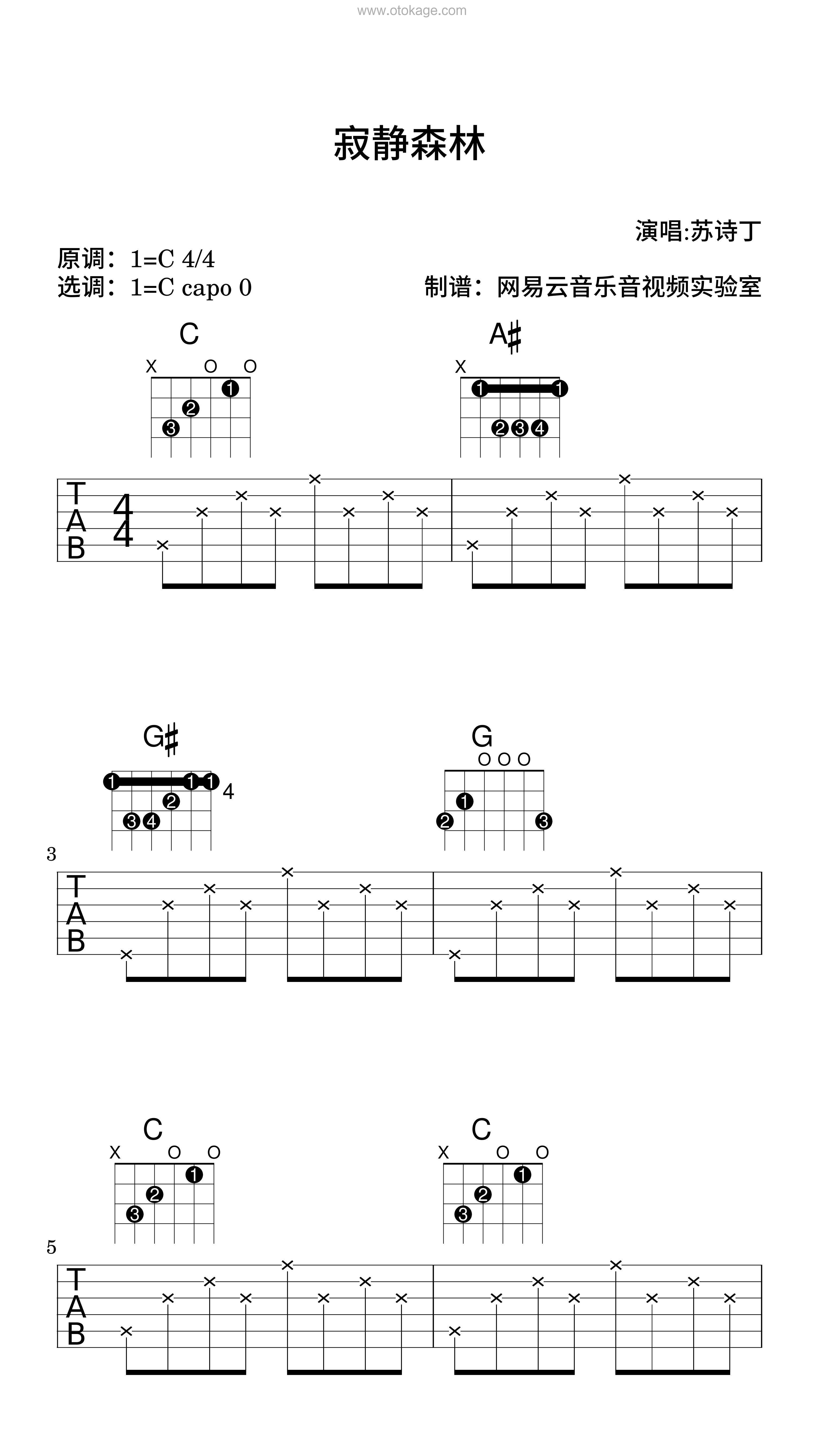 苏诗丁《寂静森林吉他谱》C调_旋律打动心灵