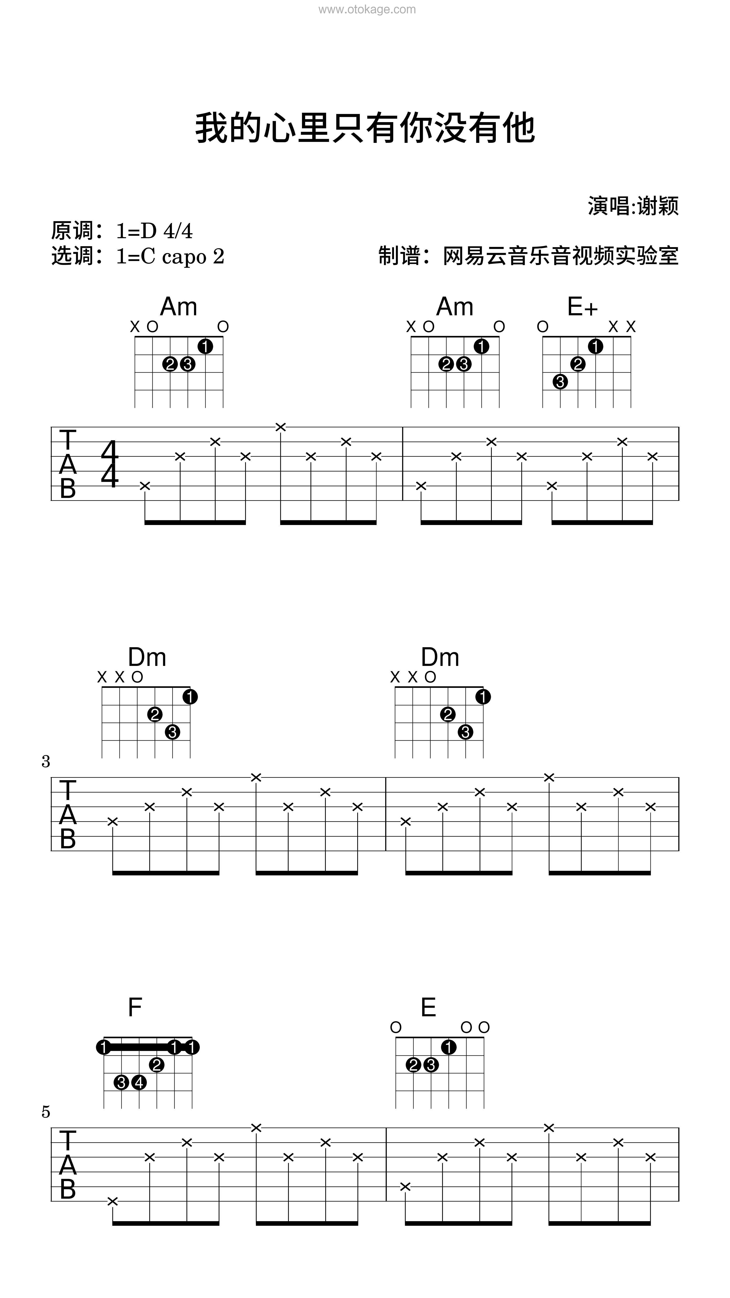 谢颖《我的心里只有你没有他吉他谱》D调_旋律深刻动人